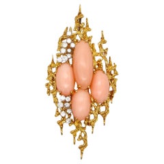 Vintage George Weil 1960 Brutalist Pendant Brooch In 18Kt Gold Diamonds And Corals