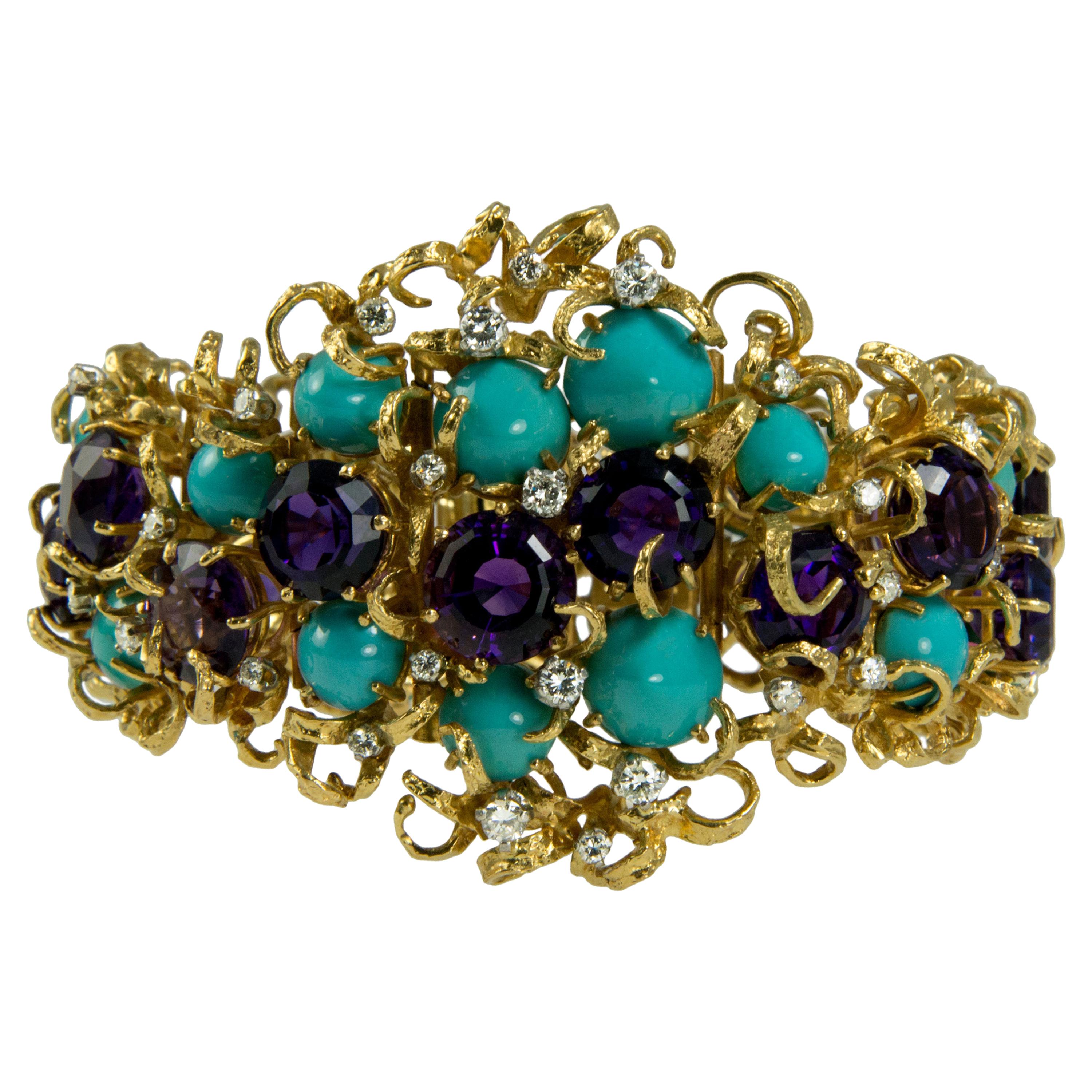 c. 1960 George Weil Amethyst, Turquoise, Diamond, Gold and Platinum Bracelet