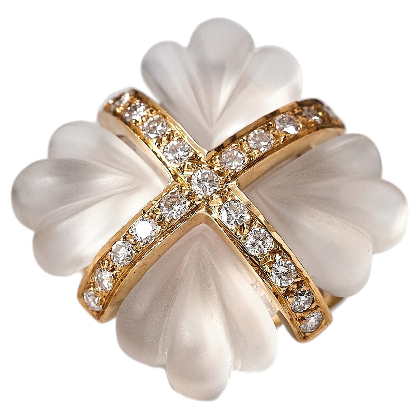 George Weil 18K Gold Carved Rock Crystal and Diamond Ring, ca 1970.