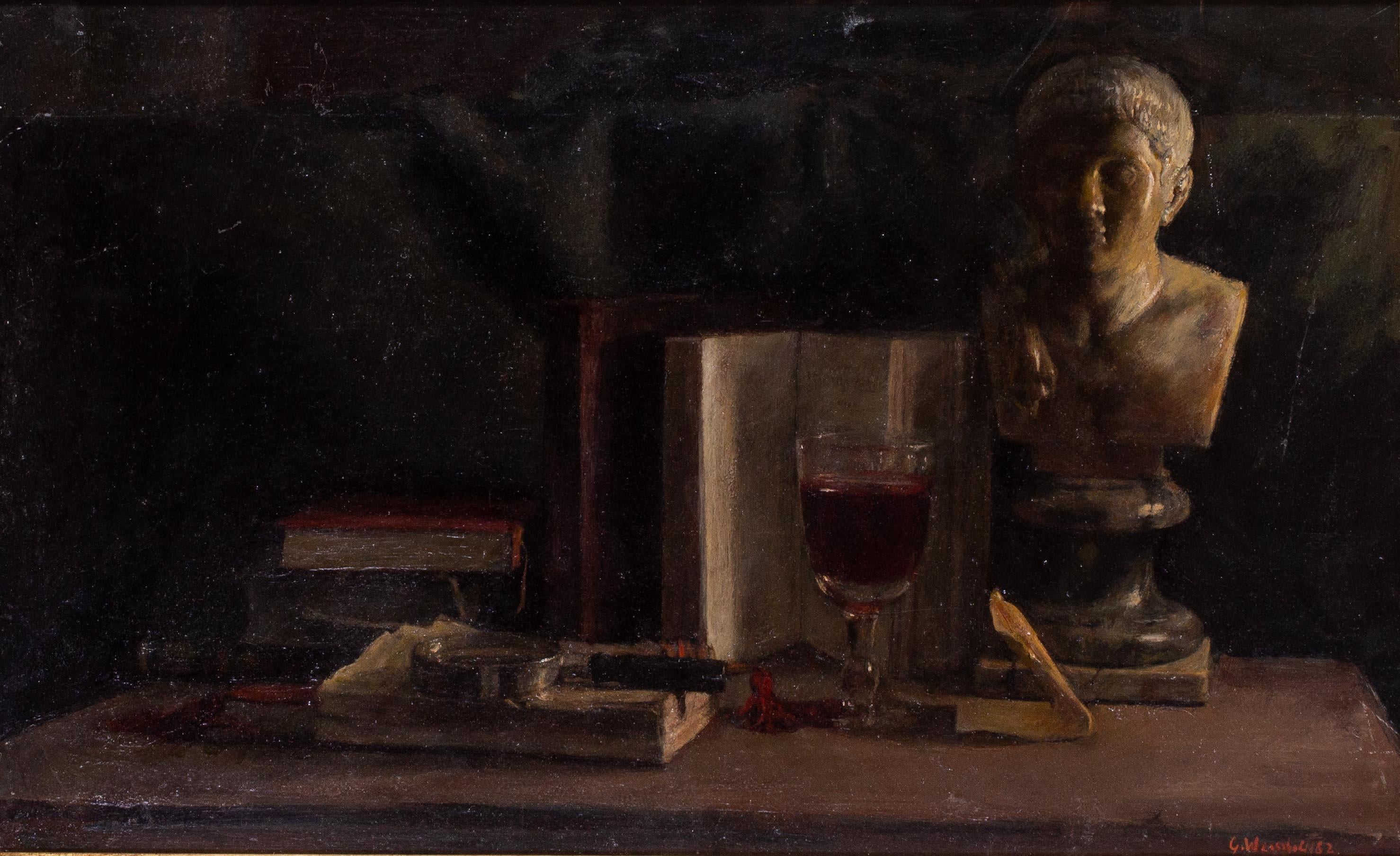 1962 oil painting on board still life with sculpture and wine by George Weissbor - Painting by George Weissbort