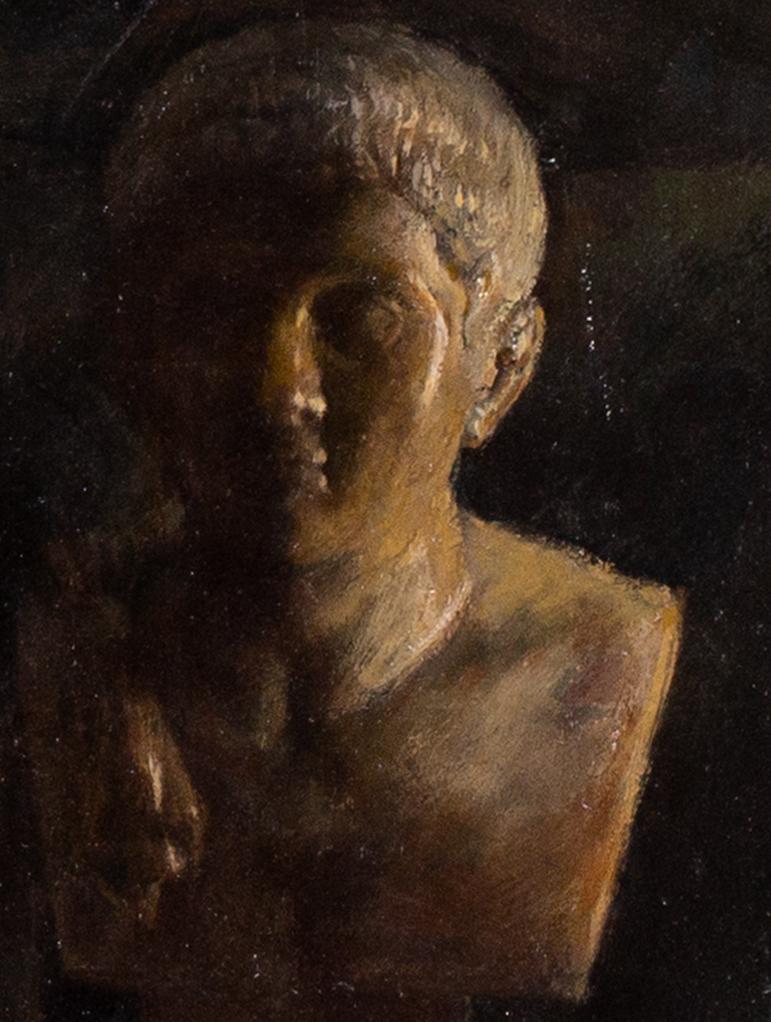 1962 dipinto a olio su tavola Natura morta con scultura e vino di George Weissbor - Painting Accademia di George Weissbort