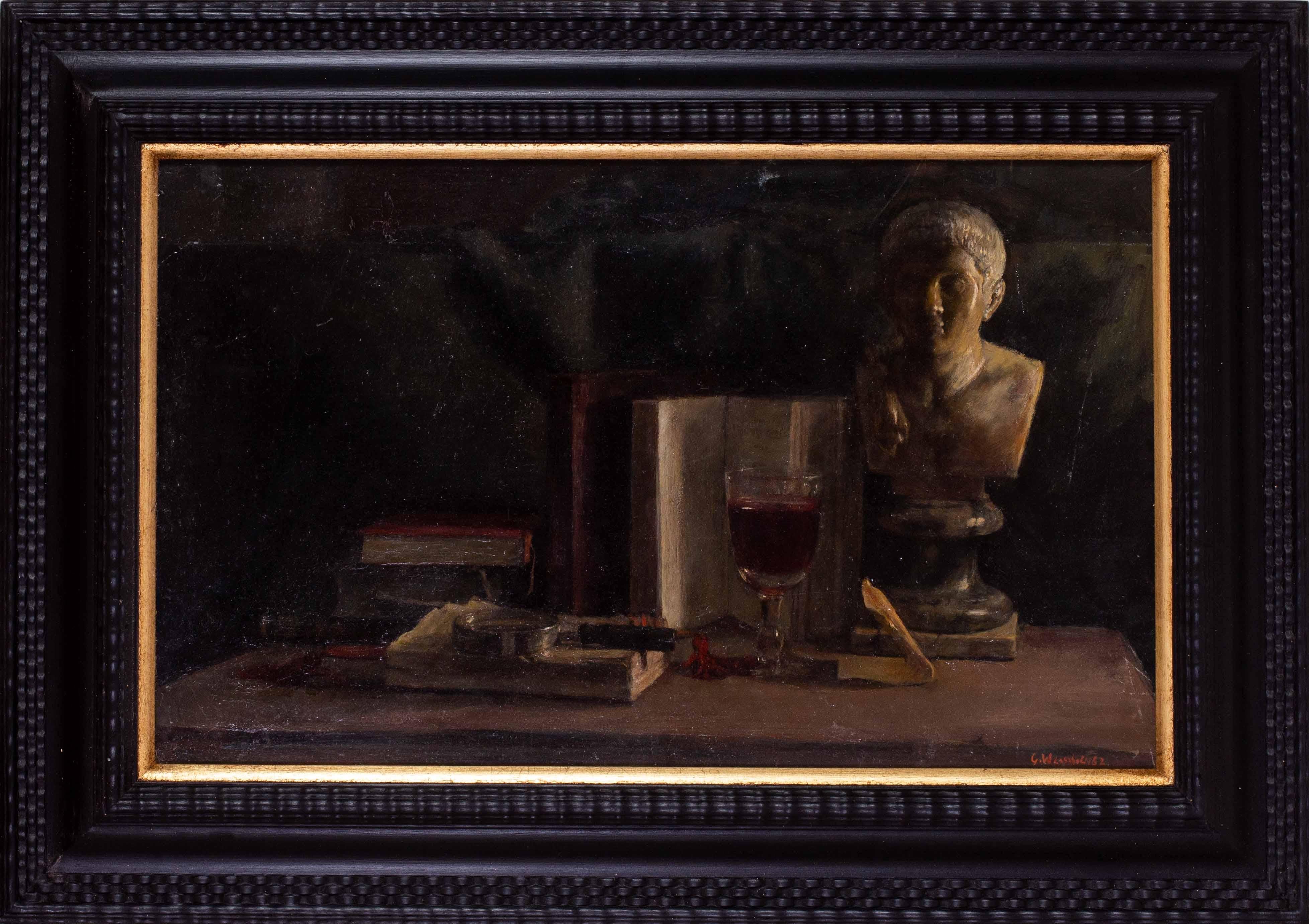 1962 peinture à l'huile sur carton nature morte avec sculpture et vin par George Weissbor