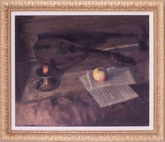 1974: pittura ad olio con natura morta di mandolino e mela dell'inglese George Weissbort