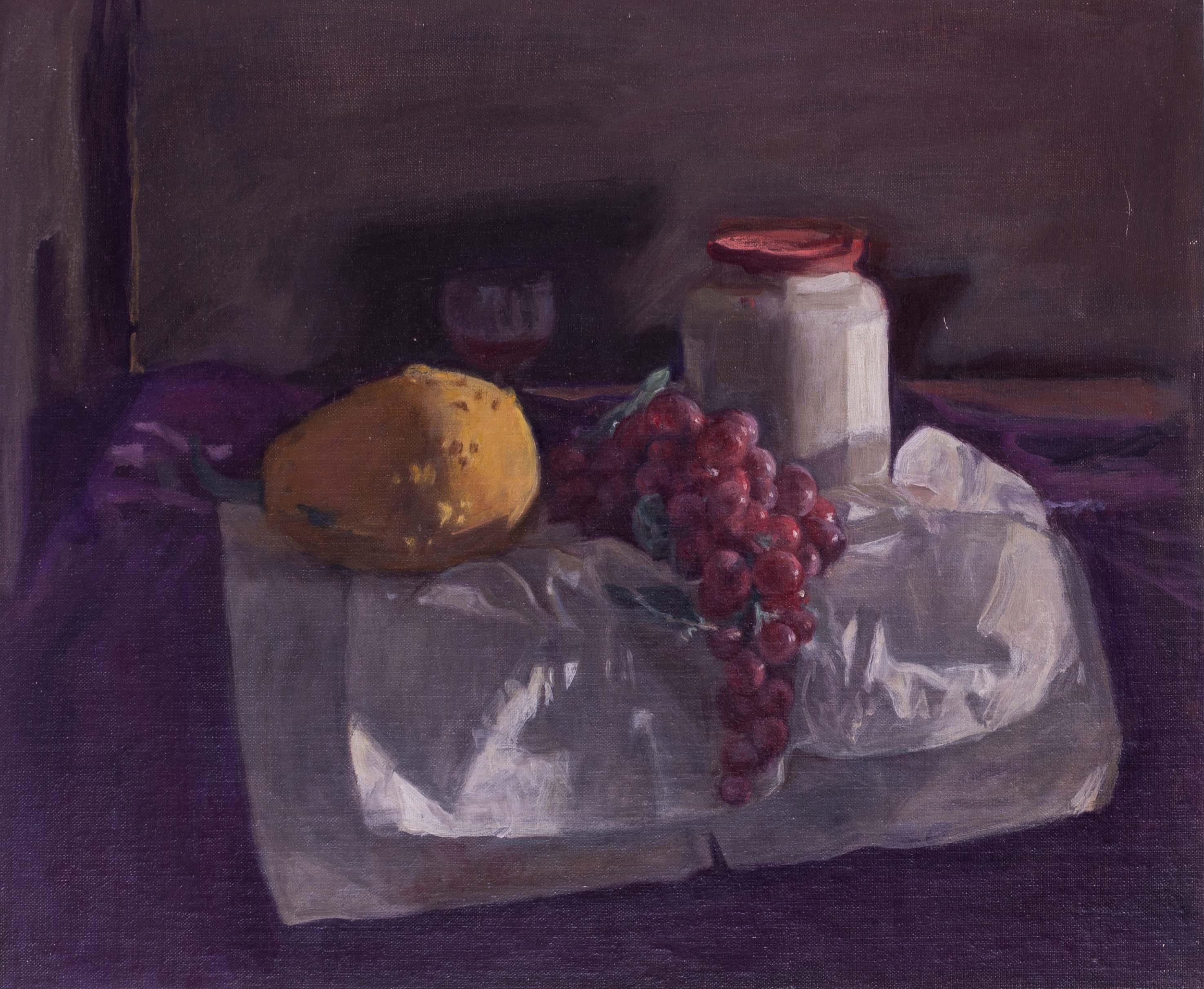 1974 pintura al óleo bodegón de calabazas y uvas  por el británico George Weissbort en venta 1