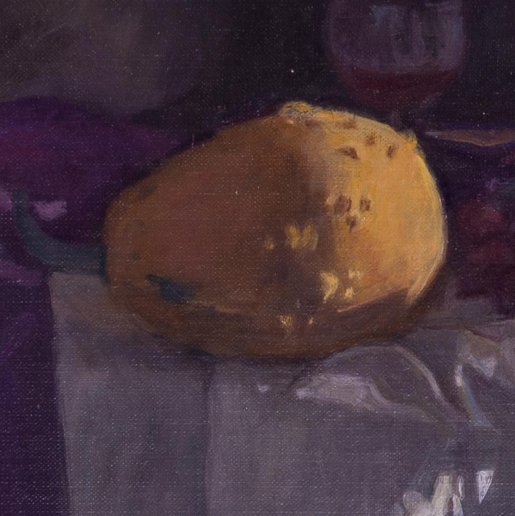 1974 pintura al óleo bodegón de calabazas y uvas  por el británico George Weissbort en venta 3
