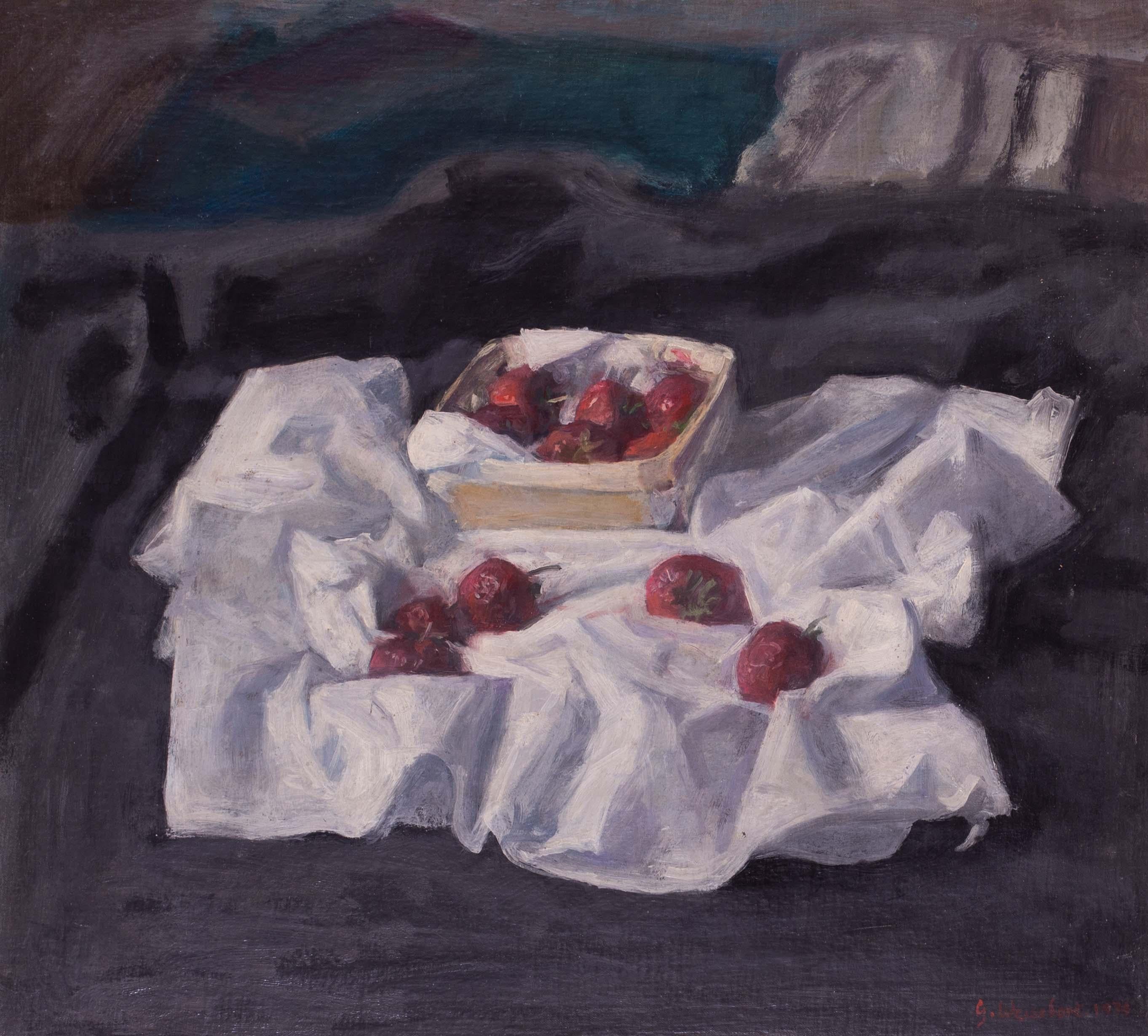 1974 dipinto a olio con natura morta di fragole dell'artista britannico George Weissbort in vendita 1