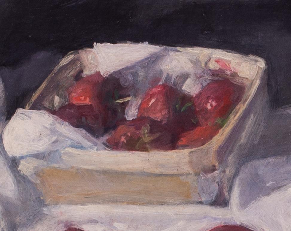 1974 dipinto a olio con natura morta di fragole dell'artista britannico George Weissbort in vendita 2
