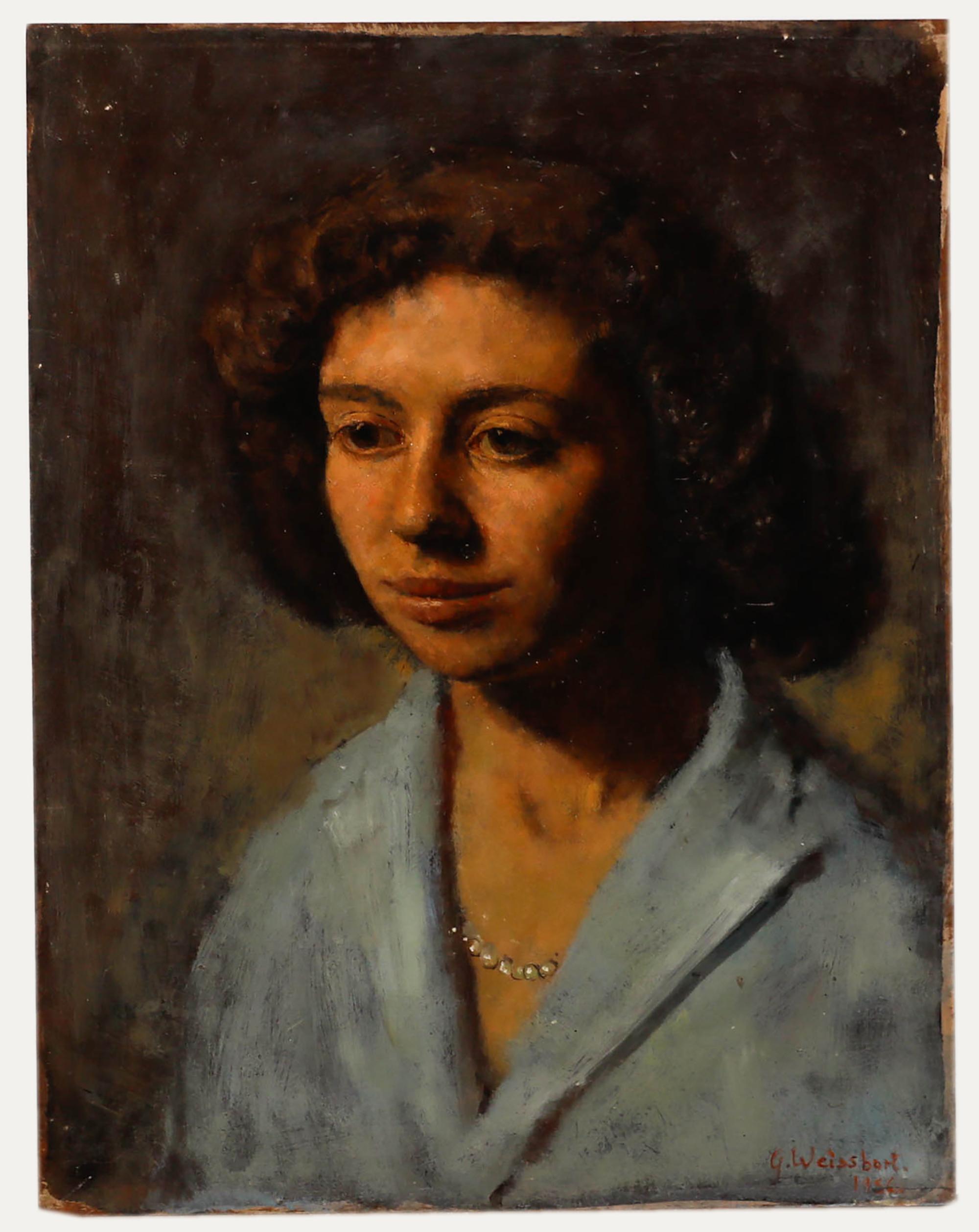 George Weissbort (1928-2013) - 1956 Oil, Woman in Blue with Pearls For Sale 1