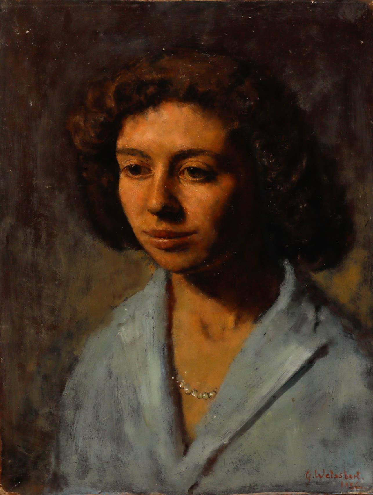 A charming portrait of a woman in a blue suit and pearl necklace. Almost a modern-day interpretation of Vermeer's 'Girl with a Pearl Earring'. Signed and dated to the lower right. On board.