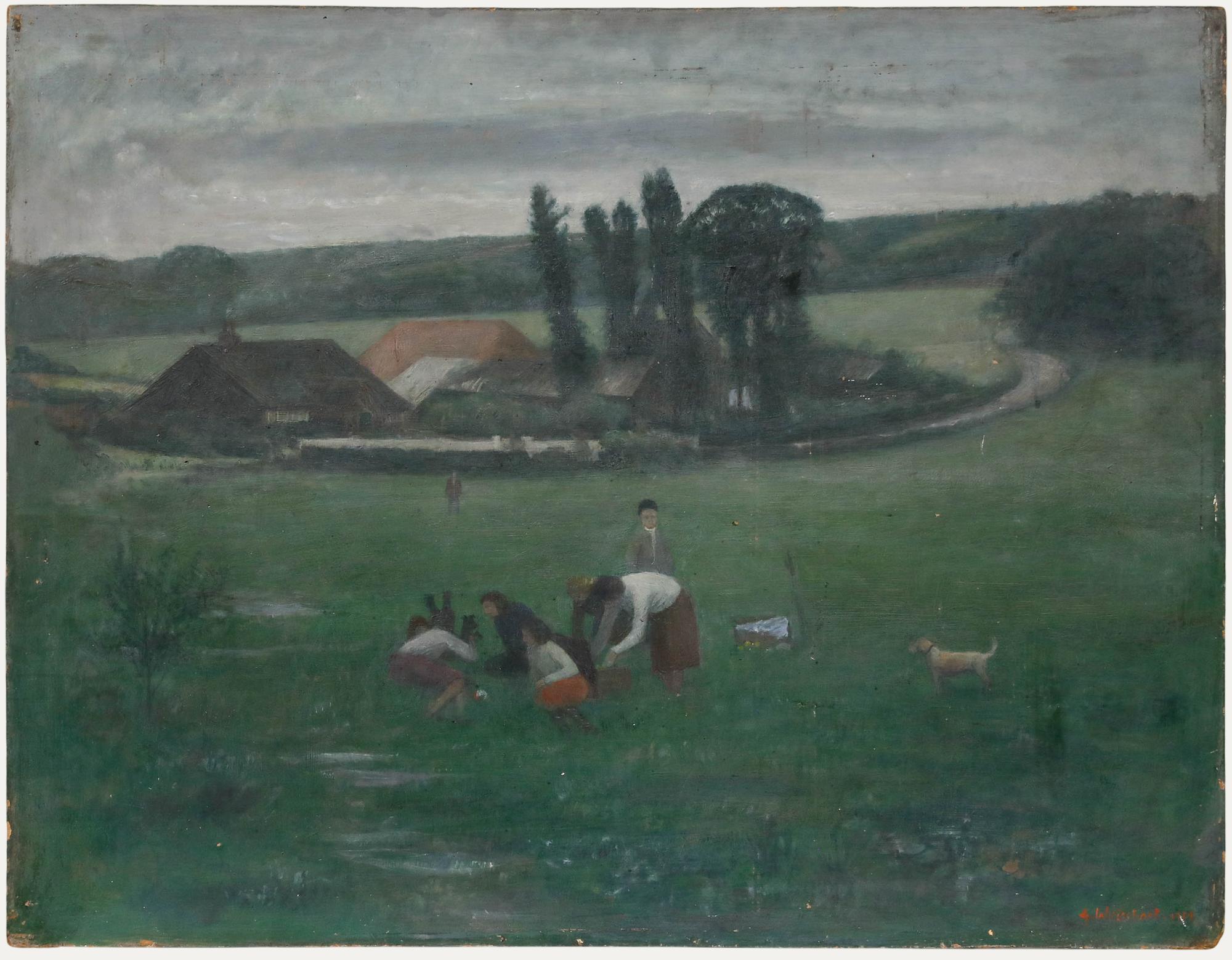 This charming study captures a family or group of friends at play in an expansive green meadow, where dogs race through the grass and lively ball games unfold. Figures lounge, sit, and roll freely on the ground, their relaxed movements conveying a