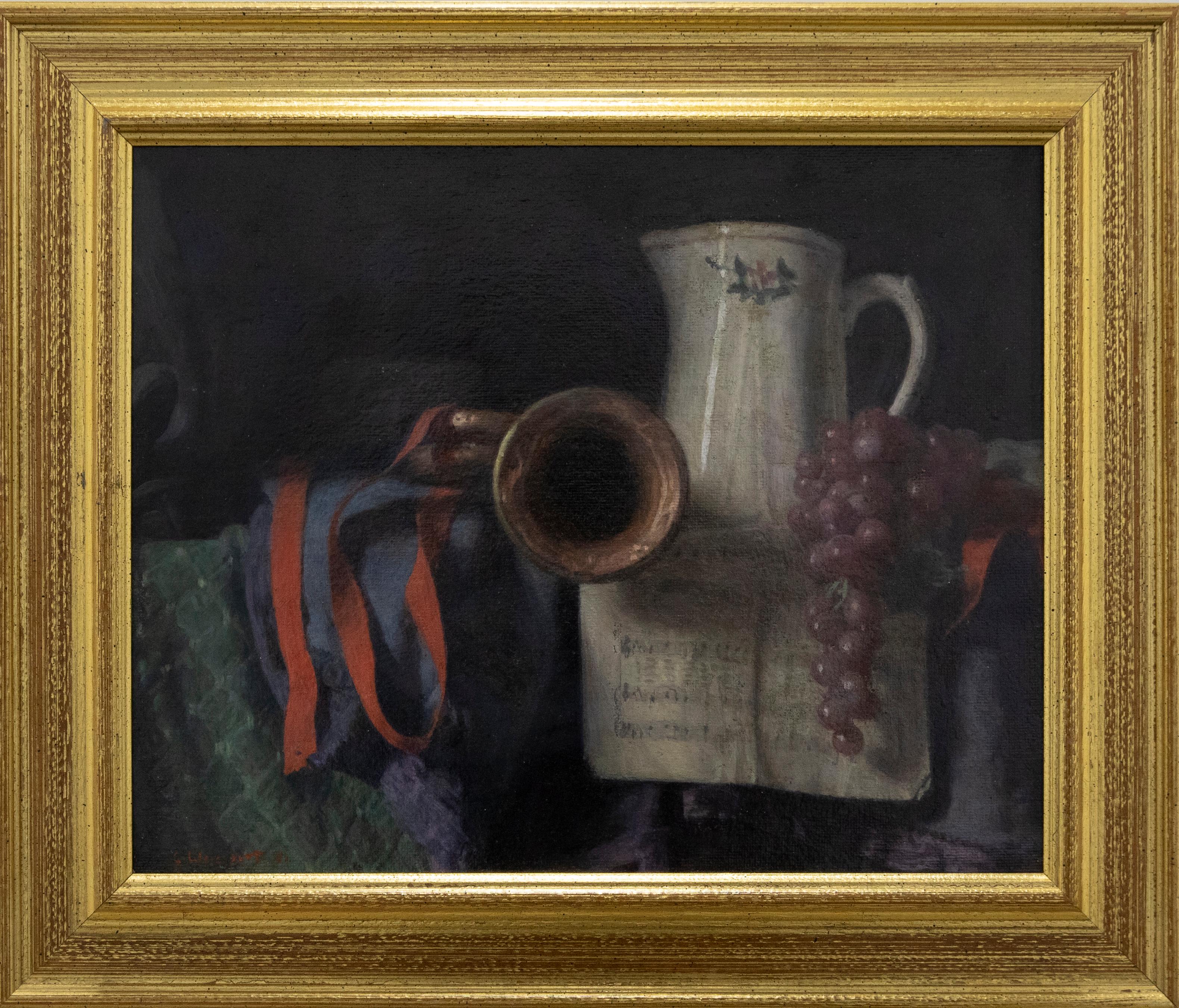 A delicate and finely executed 20th Century still life in oil, showing a composition of a French horn and sheet music arranged with draped grapes, a ceramic jug and a vibrant red ribbon (a signature touch of many of Weissbort's still life