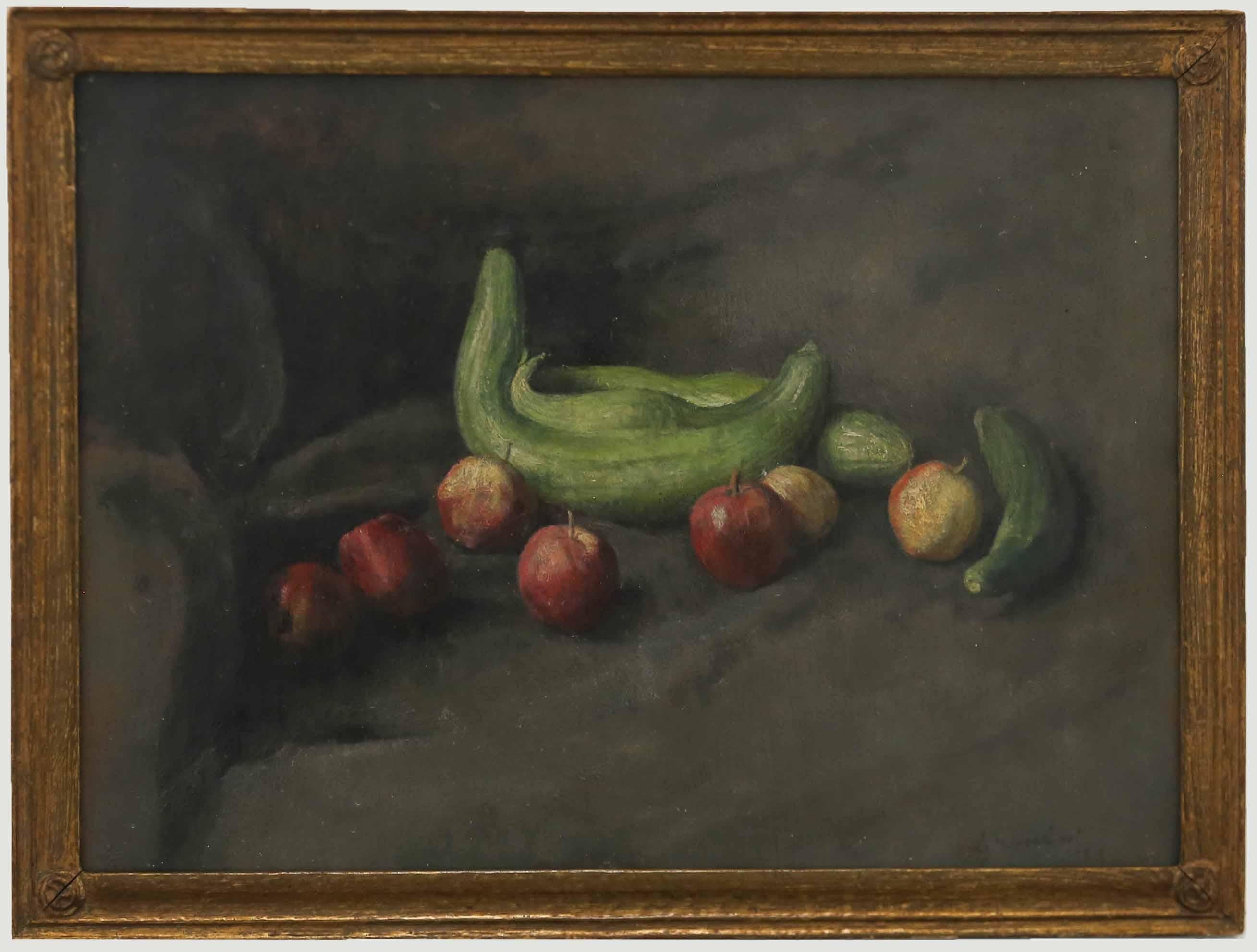 A fine 20th Century still life, executed with sensitivity and finesse. The painting shows an unusual double cucumber and an array of small apples strewn across grey drapery. The artist has used shadow and a darkened ground to add a moodiness to the