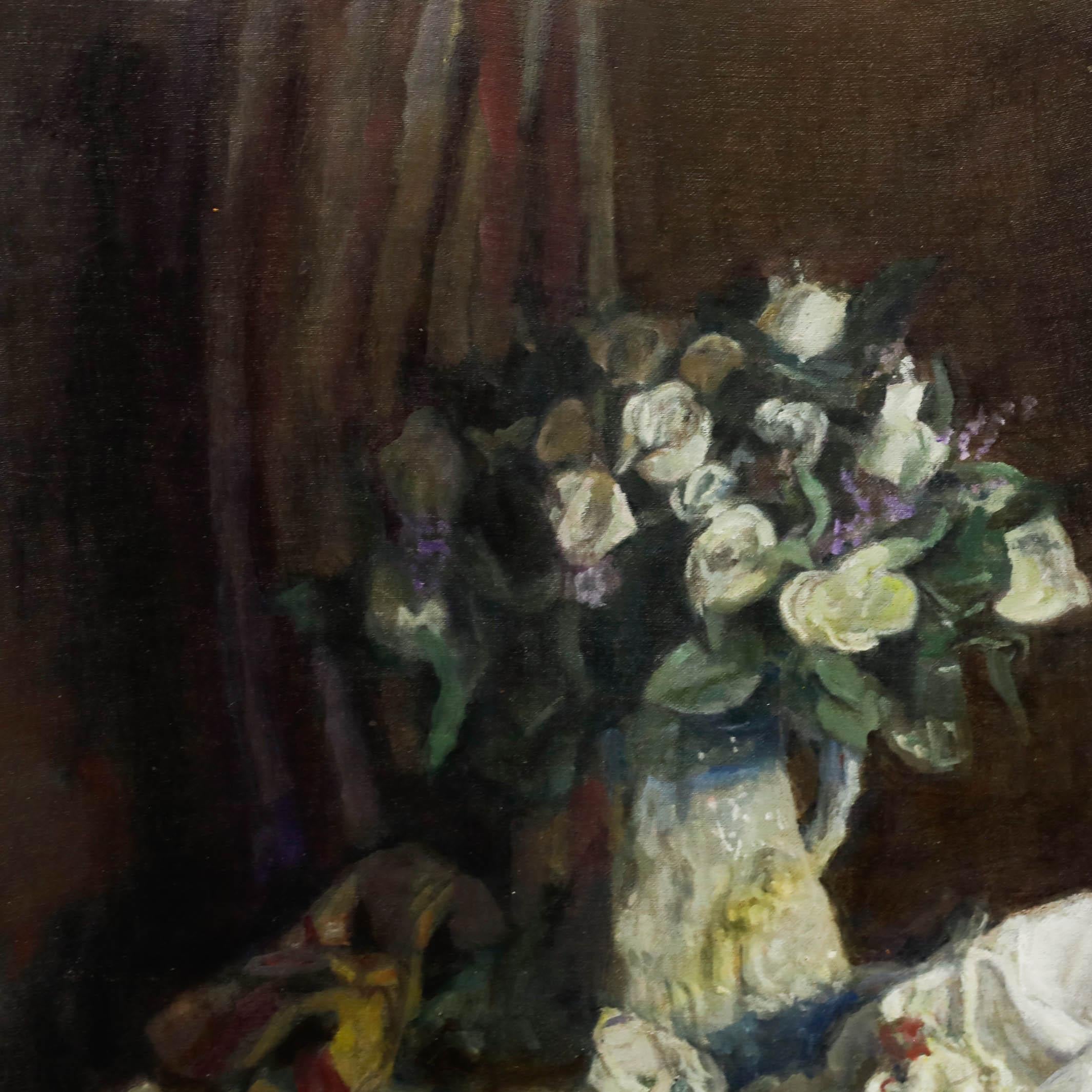 George Weissbort (1928-2013) - Óleo del siglo XX, Una jarra de rosas blancas en venta 3