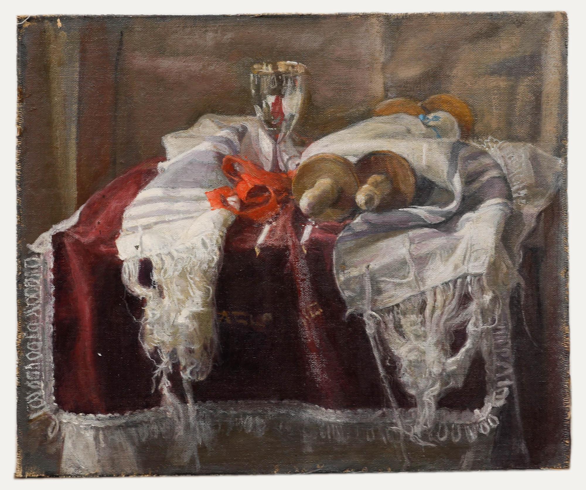 George Weissbort (1928-2013) - Huile du 20e siècle, calice en argent et parchemins en vente 1
