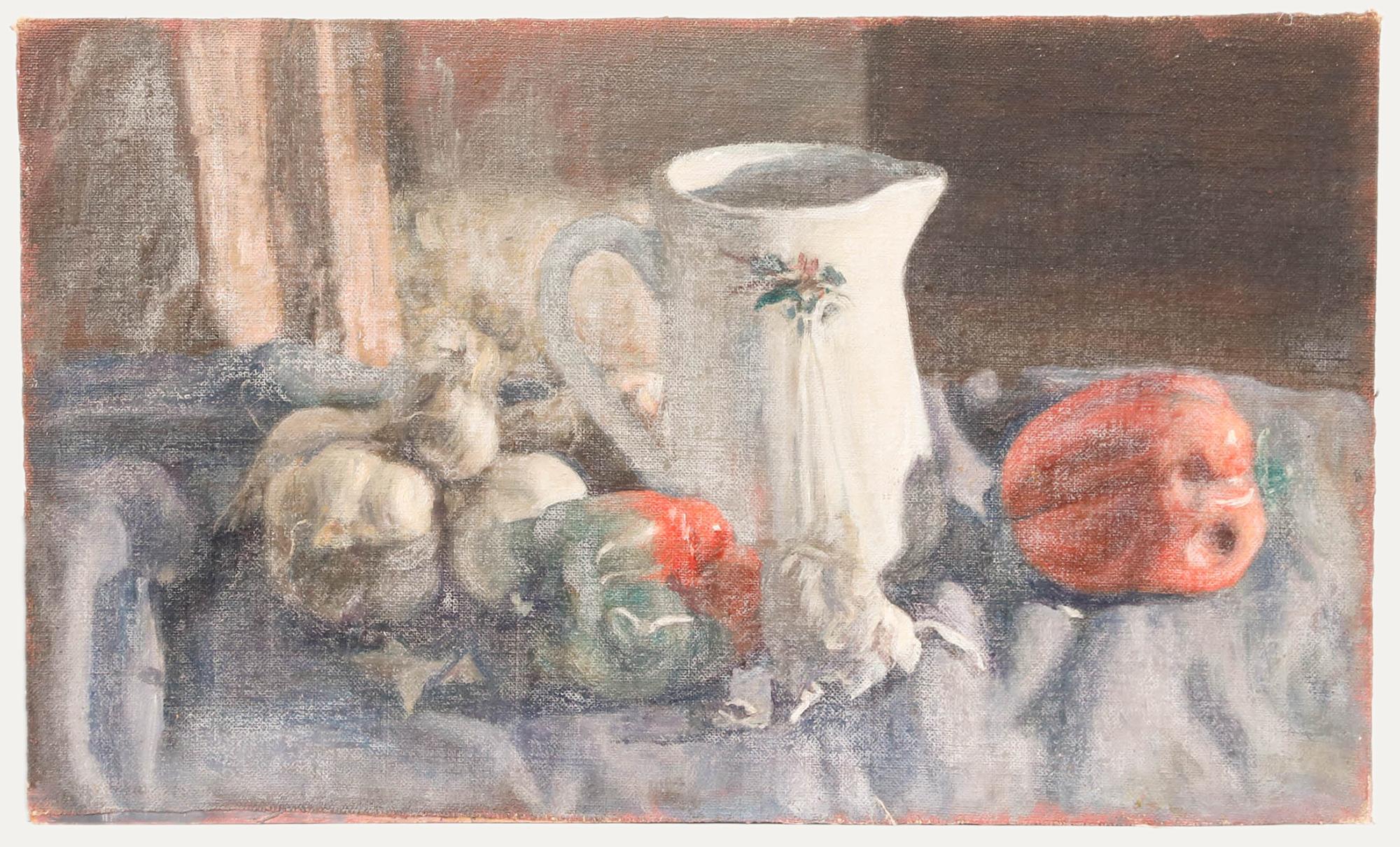 George Weissbort (1928-2013) - Olio del 20° secolo, Una brocca bianca e prodotti da giardino in vendita 1