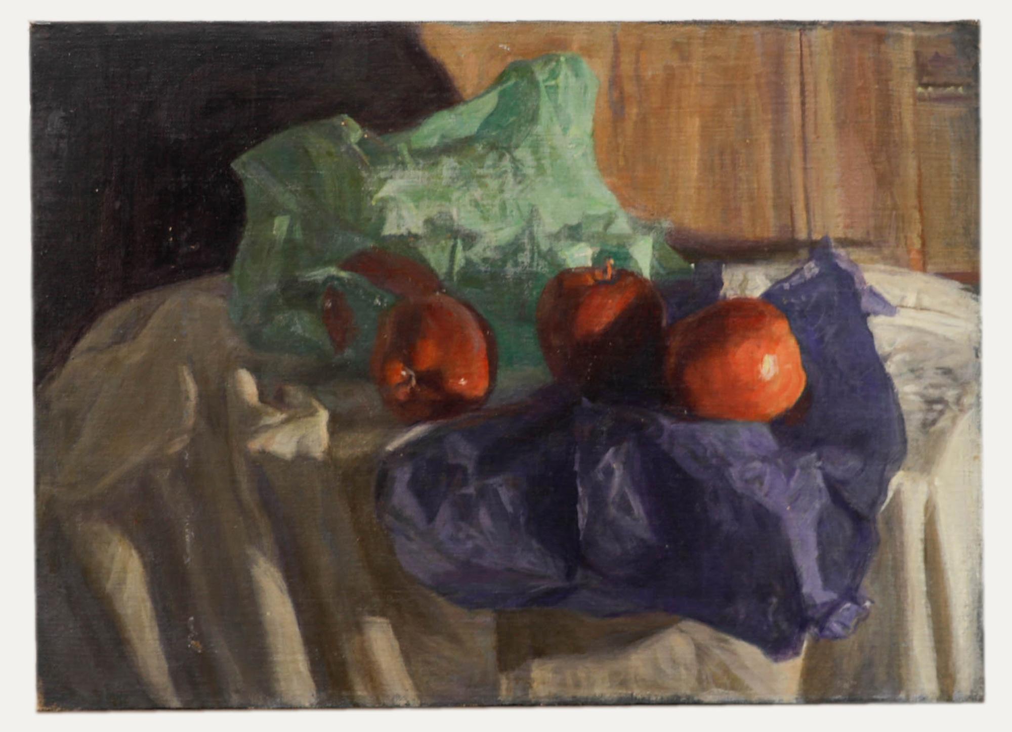 George Weissbort (1928-2013) - 20. Jahrhundert Öl, Äpfel auf farbigem Tuch, Äpfeln im Angebot 1