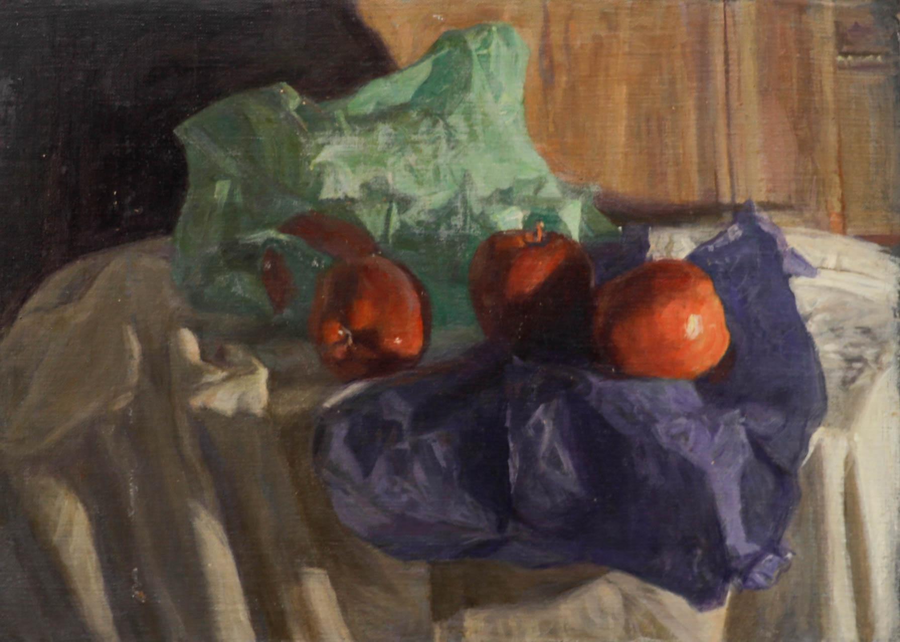 George Weissbort (1928-2013) - 20. Jahrhundert Öl, Äpfel auf farbigem Tuch, Äpfeln