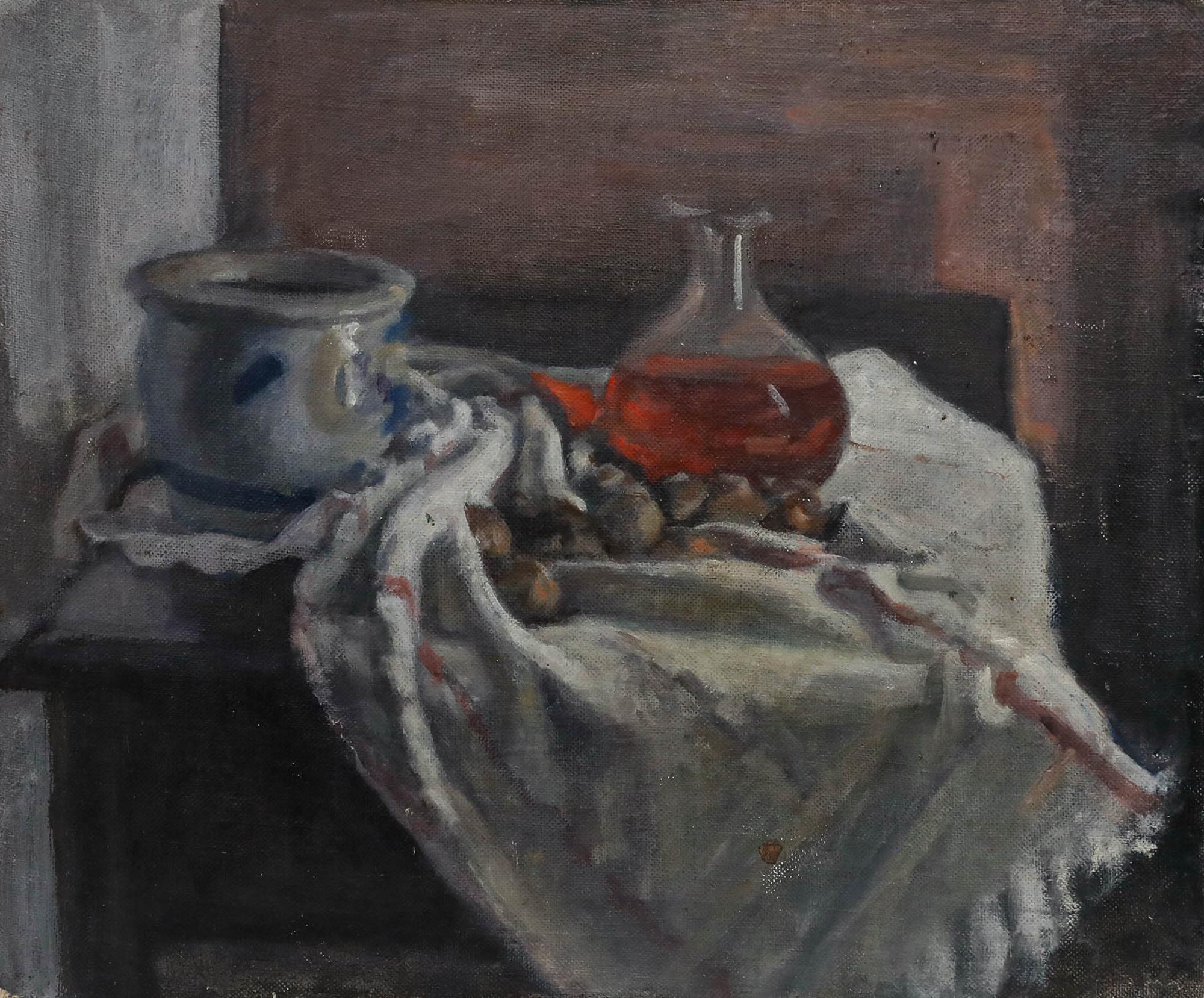 George Weissbort (1928-2013) - 20th Century Oil, Carafe on White Cloth For Sale 1