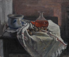 George Weissbort (1928-2013) - Huile du 20e siècle, carafe sur tissu blanc
