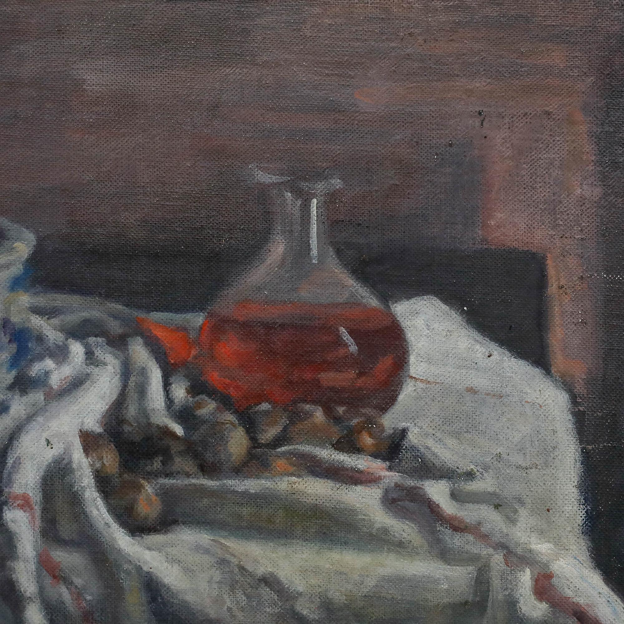 George Weissbort (1928-2013) - 20th Century Oil, Carafe on White Cloth For Sale 3