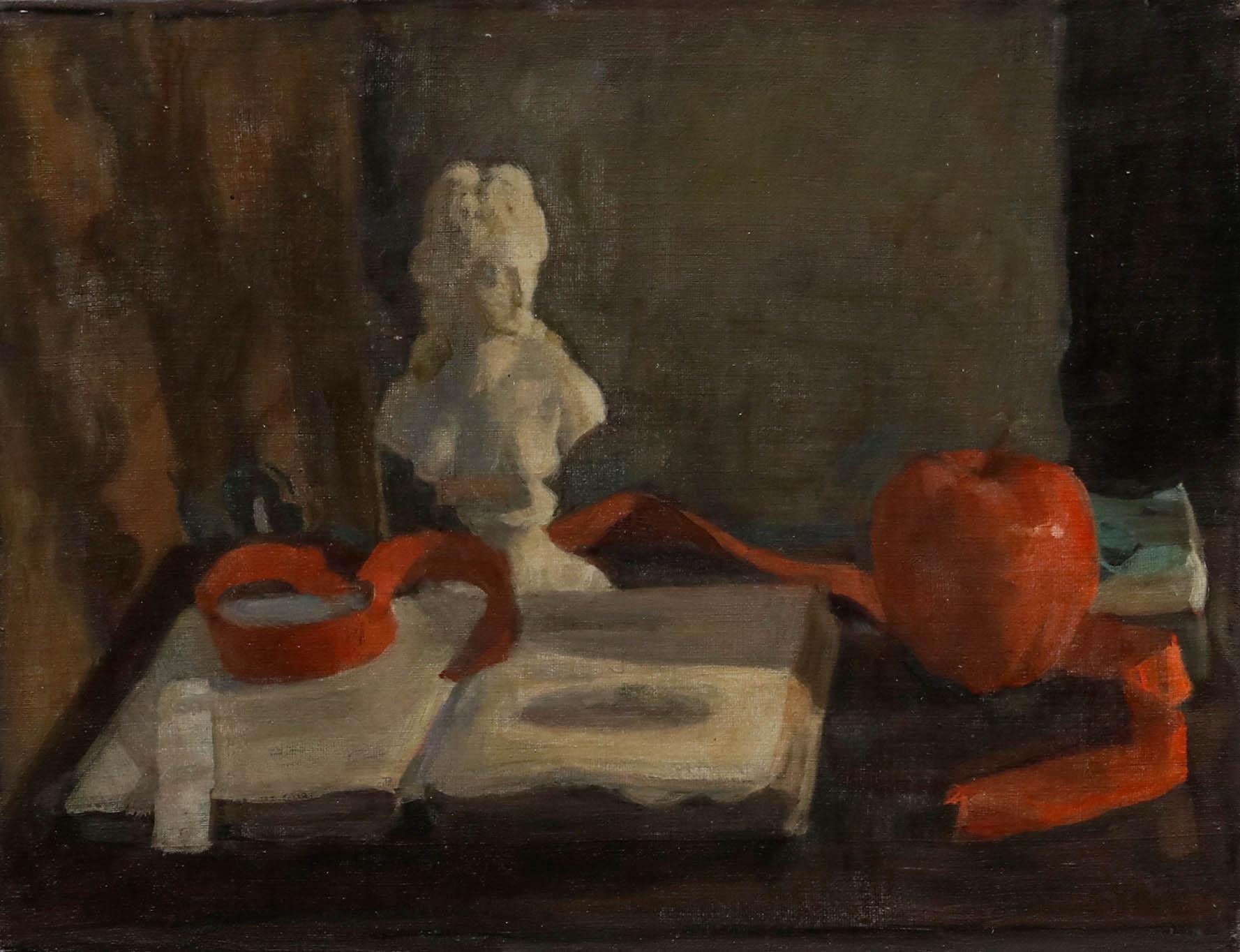 George Weissbort (1928-2013) - Óleo del siglo XX, busto clásico, manzana y libro en venta 1
