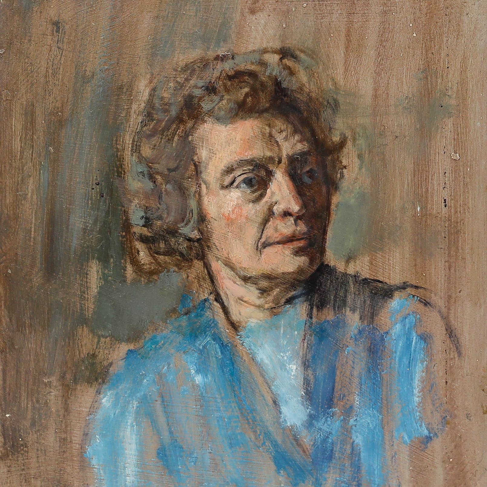 George Weissbort (1928-2013) - 20th Century Oil, Elderly Lady in Blue For Sale 1