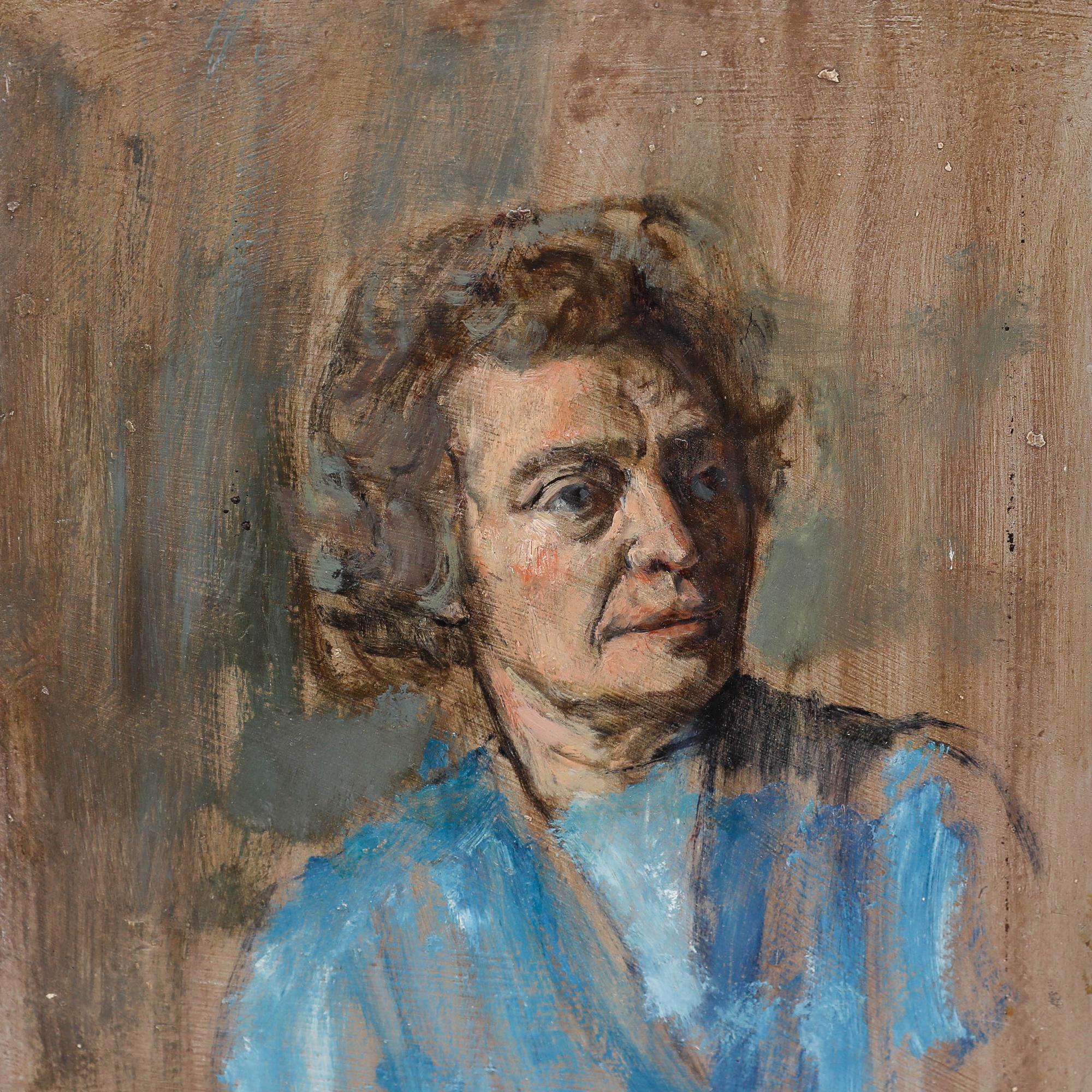 George Weissbort (1928-2013) - 20th Century Oil, Elderly Lady in Blue For Sale 3