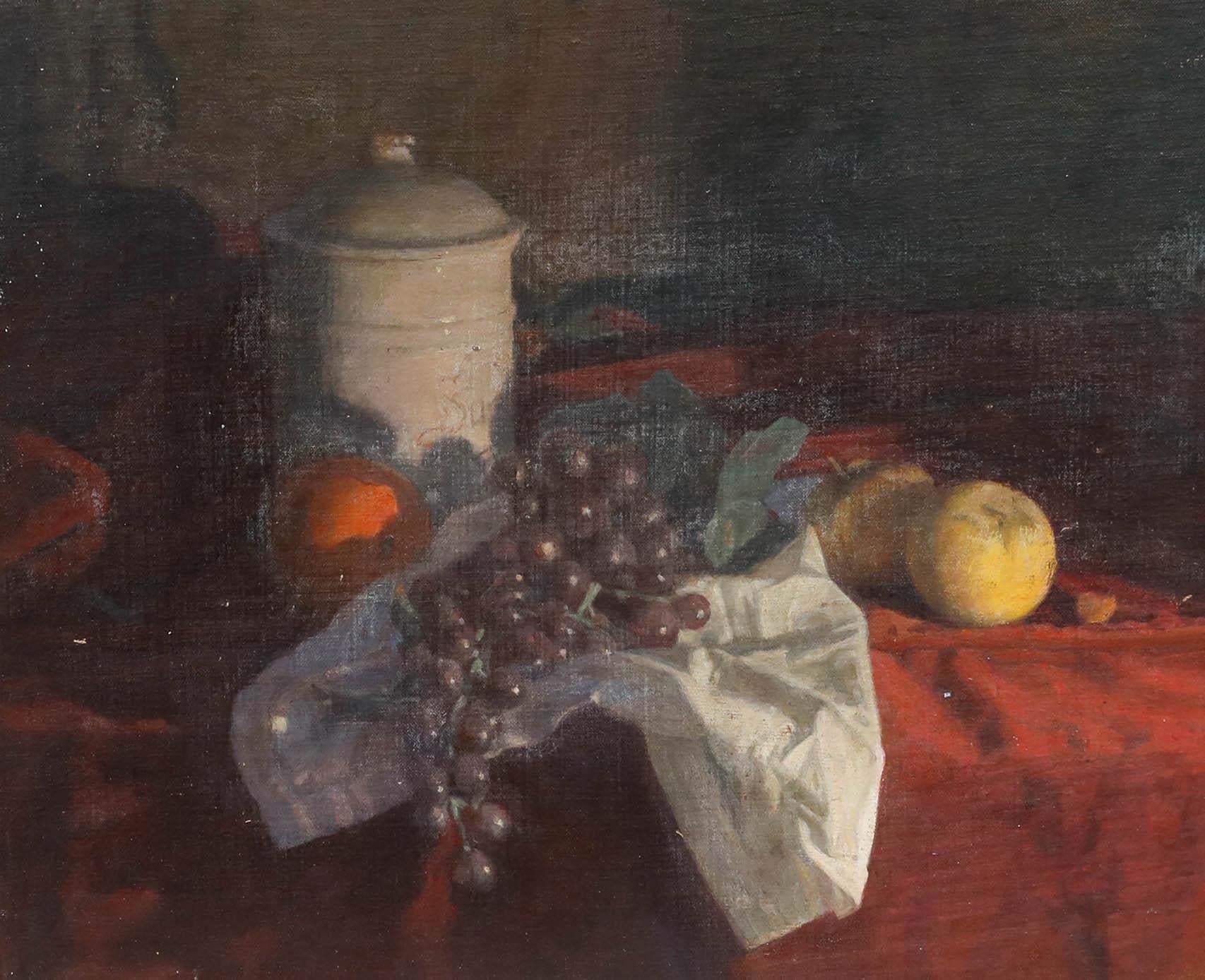 George Weissbort (1928-2013) - Huile du 20e siècle, Raisins et pommes sur tissu en vente 1