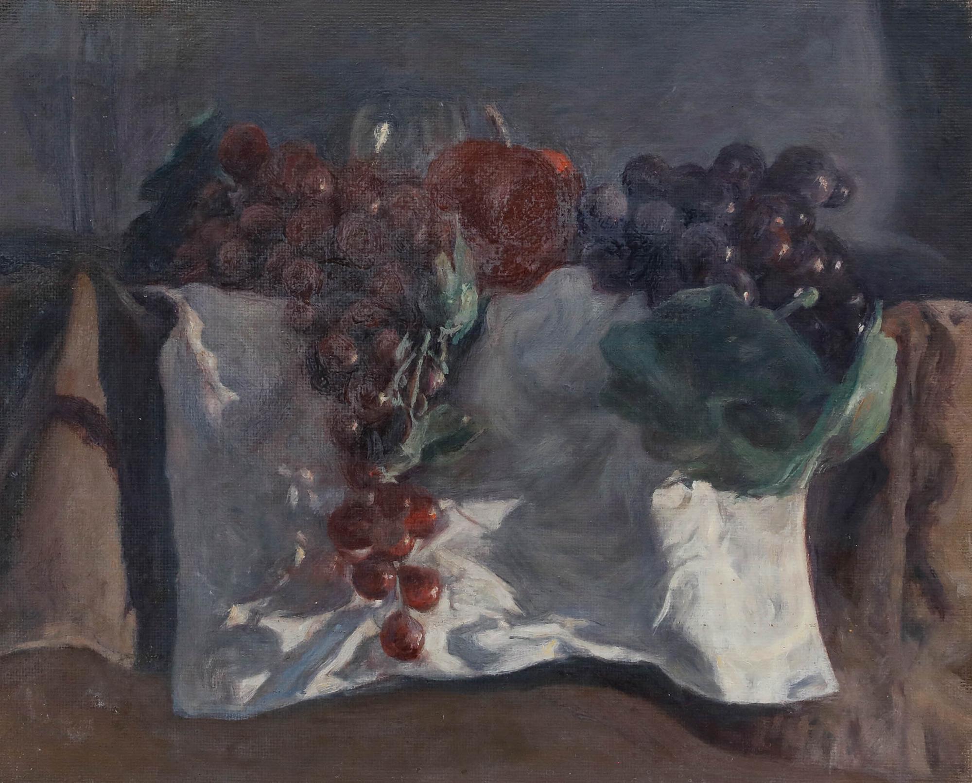 George Weissbort (1928-2013) - Huile du 20e siècle, Raisins sur tissu blanc en vente 1