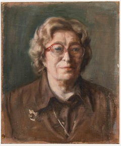 George Weissbort (1928-2013) - Olio del XX secolo, Signora con gli occhiali rossi