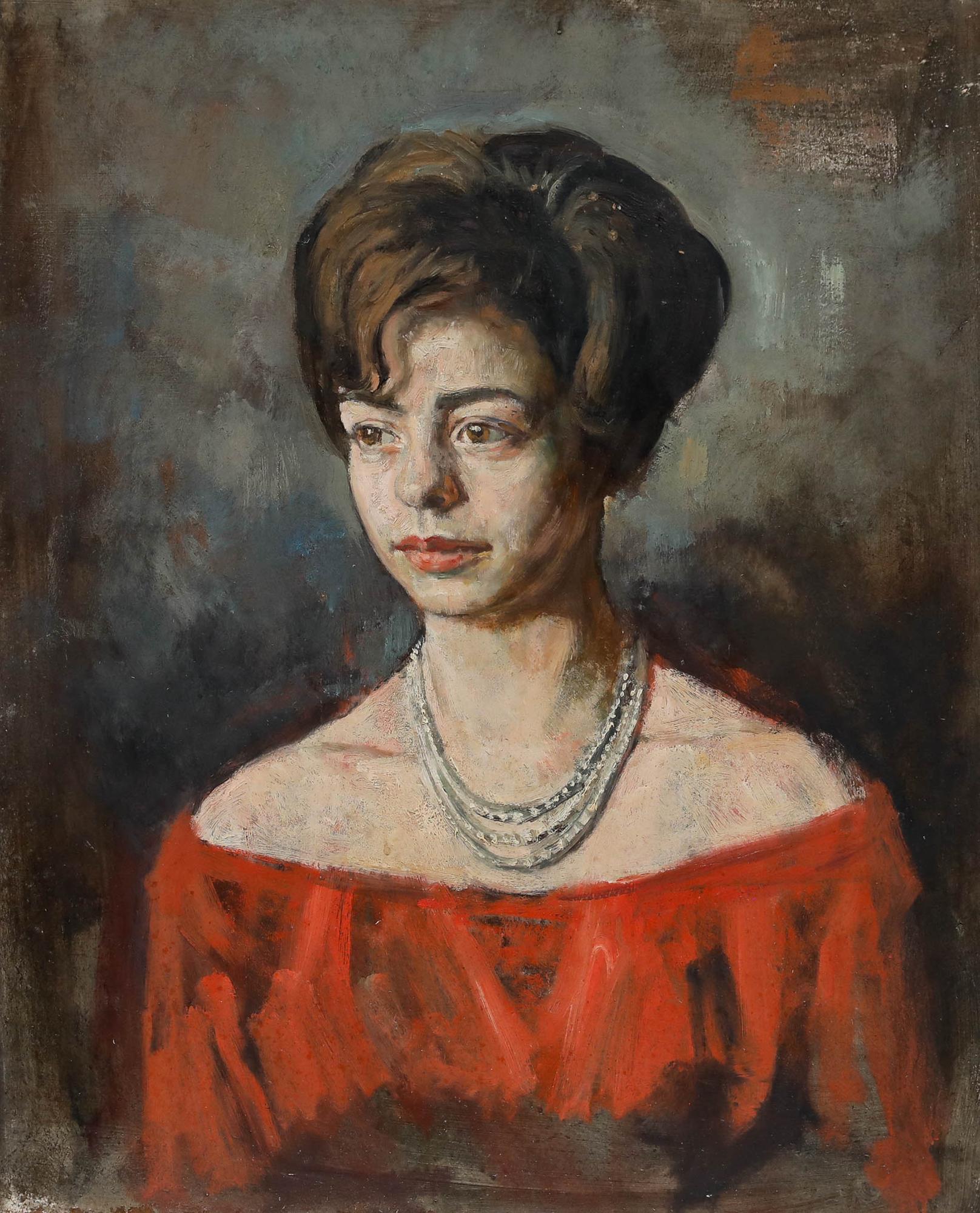 George Weissbort (1928-2013) - Huile du 20e siècle, Dame au bardot rouge en vente 1