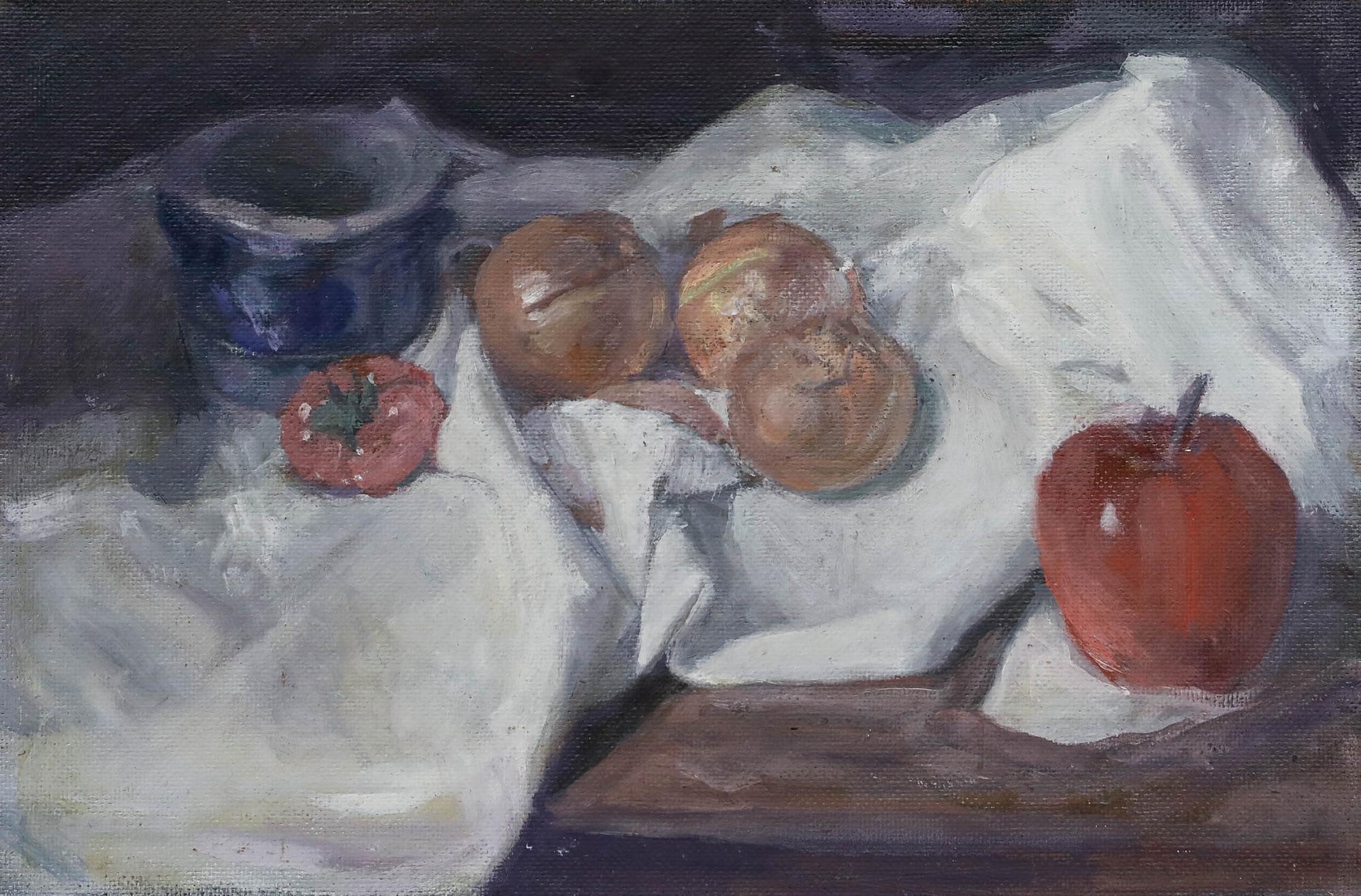 George Weissbort (1928-2013) - Huile du 20e siècle, Oignons et pommes sur toile blanche en vente 1