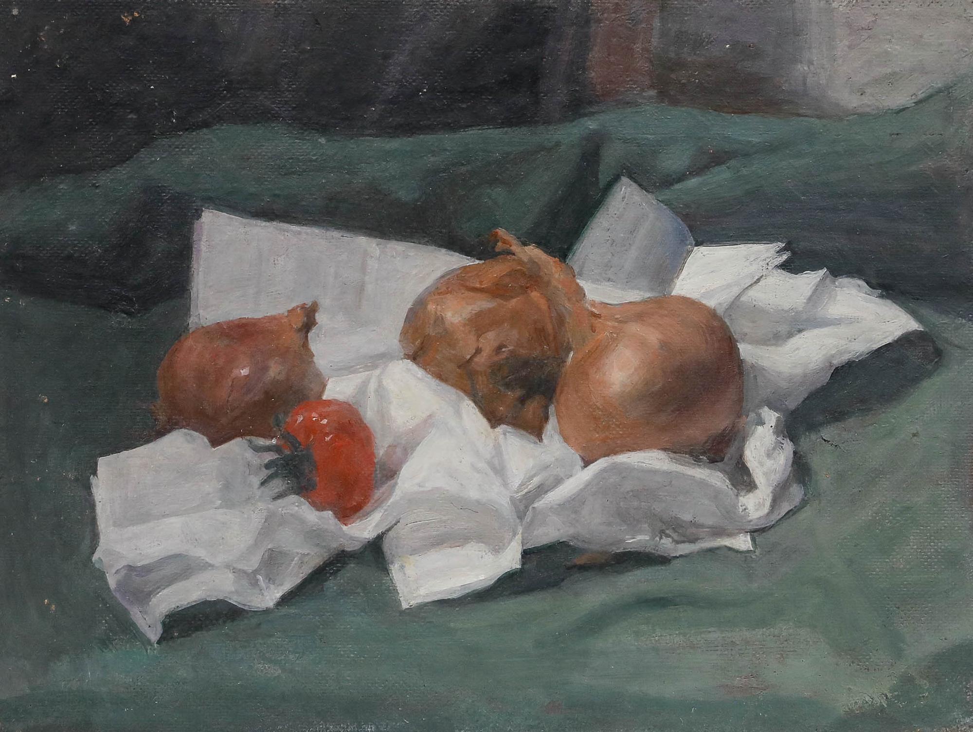 George Weissbort (1928-2013) - Huile du 20e siècle, Oignons et tomates sur toile blanche en vente 1