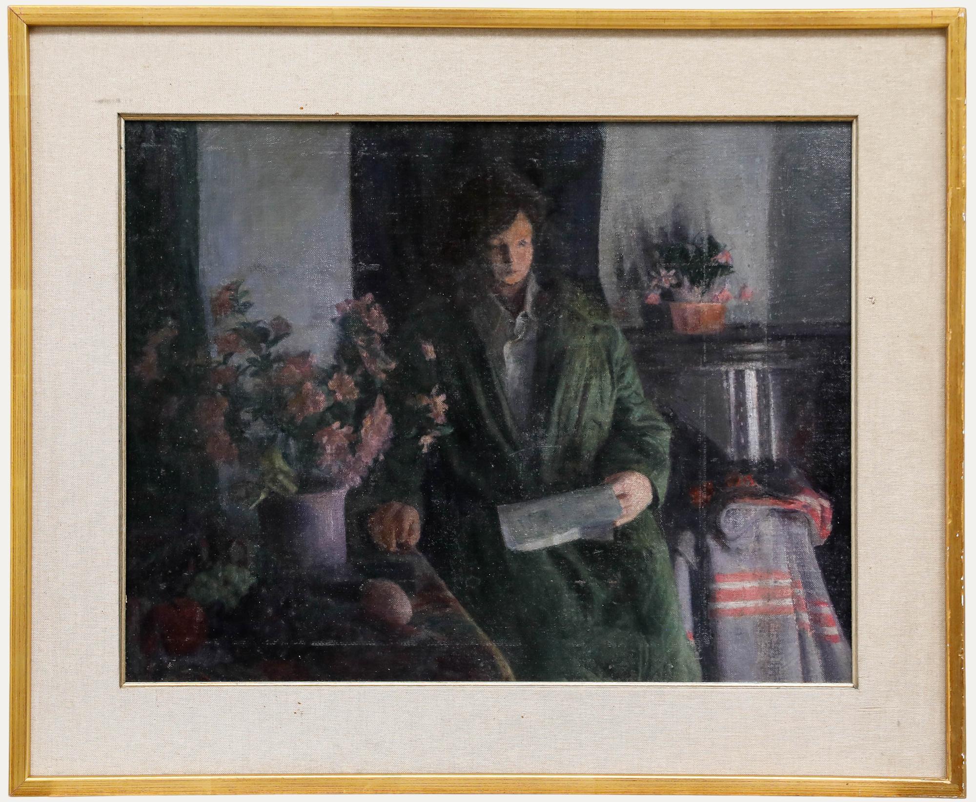 This atmospheric portrait showcases a figure in a verdant robe, seated in a softly lit interior surrounded by delicate floral arrangements. The muted colour palette and loose brushwork create a contemplative mood, with the subject's posture and
