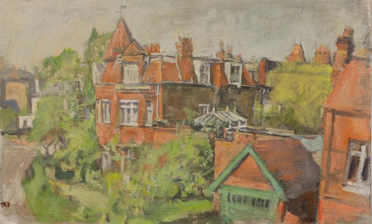 George Weissbort (1928-2013), óleo sobre lienzo. Una frondosa vista residencial con casa de ladrillo rojo de época. Sin firmar. (Procedencia: Studio Sale, George Weissbort). 