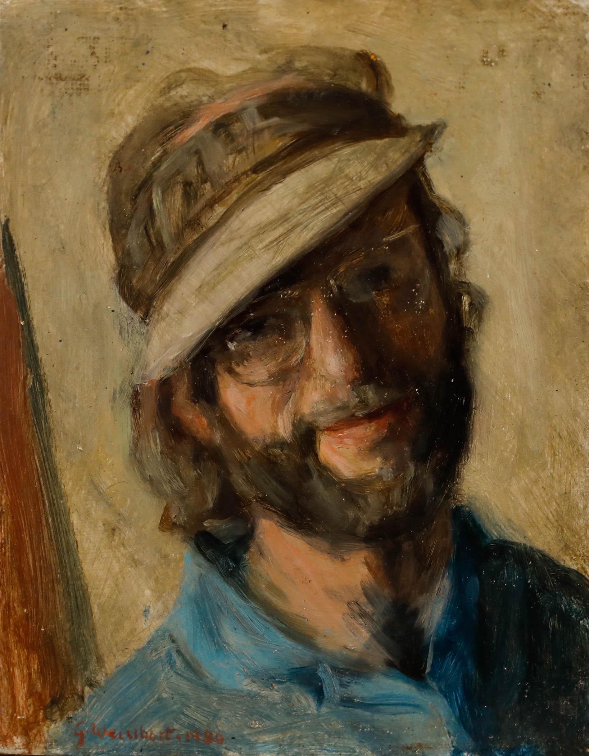 George Weissbort (1928-2013) - Olio del XX secolo, Self-Portrait con cappellino beige in vendita 1
