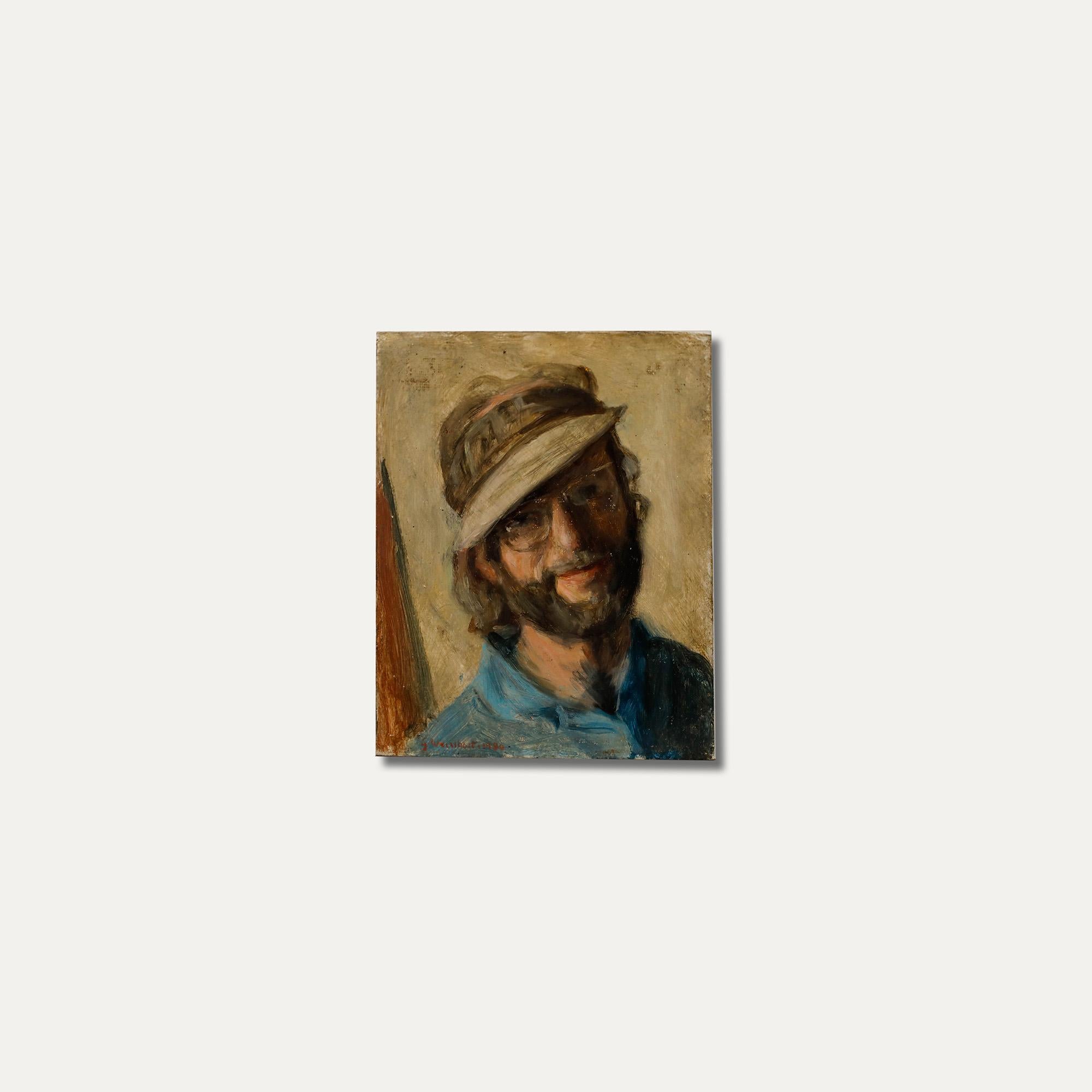 George Weissbort (1928-2013) - Olio del XX secolo, Self-Portrait con cappellino beige in vendita 4