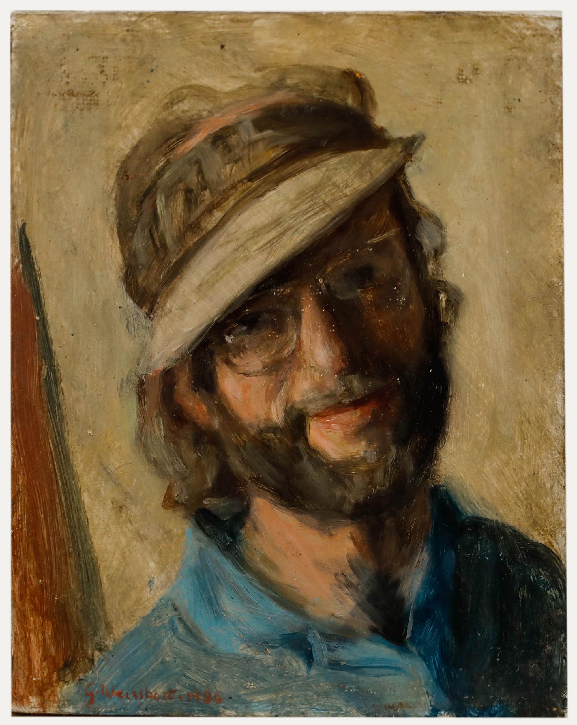 Self-Portrait dell'artista. Firmato in basso a sinistra e datato 1980. (Provenienza: Studio A Sale, George Weissbort). A bordo. 