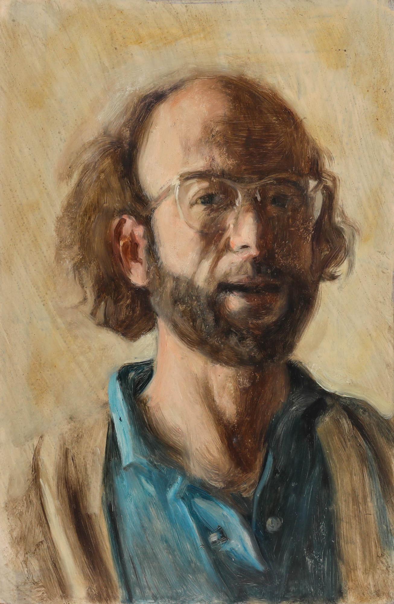 George Weissbort (1928-2013) - 20th Century Oil, Self Portrait in Teal For Sale 1