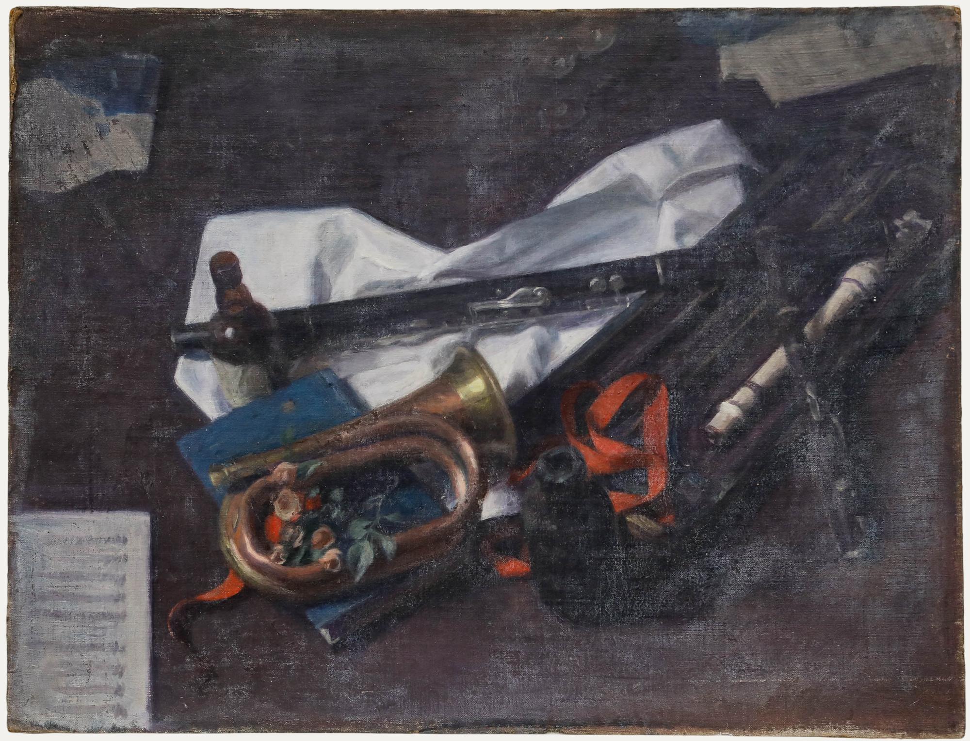 A fine oil study depicting a table laden with brass instruments and sheet music. Unsigned. On canvas board.