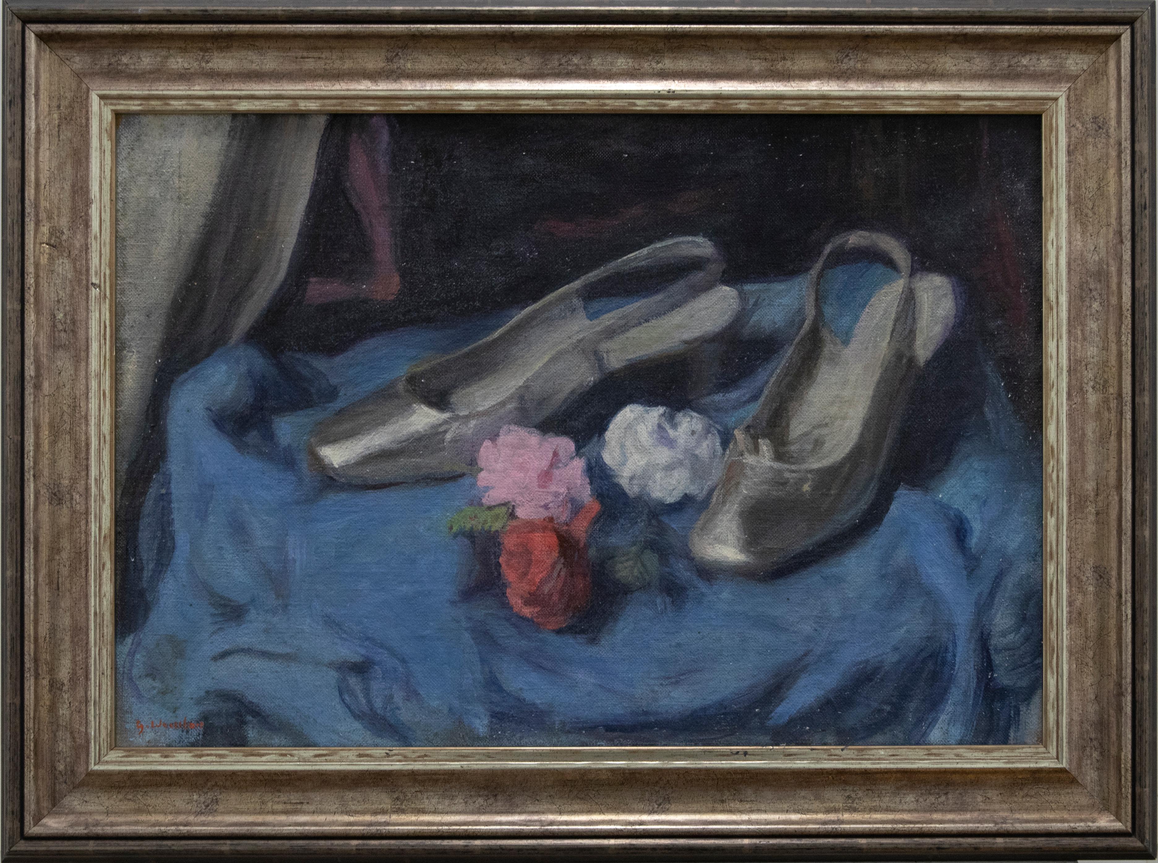 A fine 20th Century still life, executed with sensitivity and finesse. A pair of silver shoes sit upon a plush velvet fabric with an array of spring flowers. Well presented in a contemporary silver gilt frame. Signed. On canvas board. 