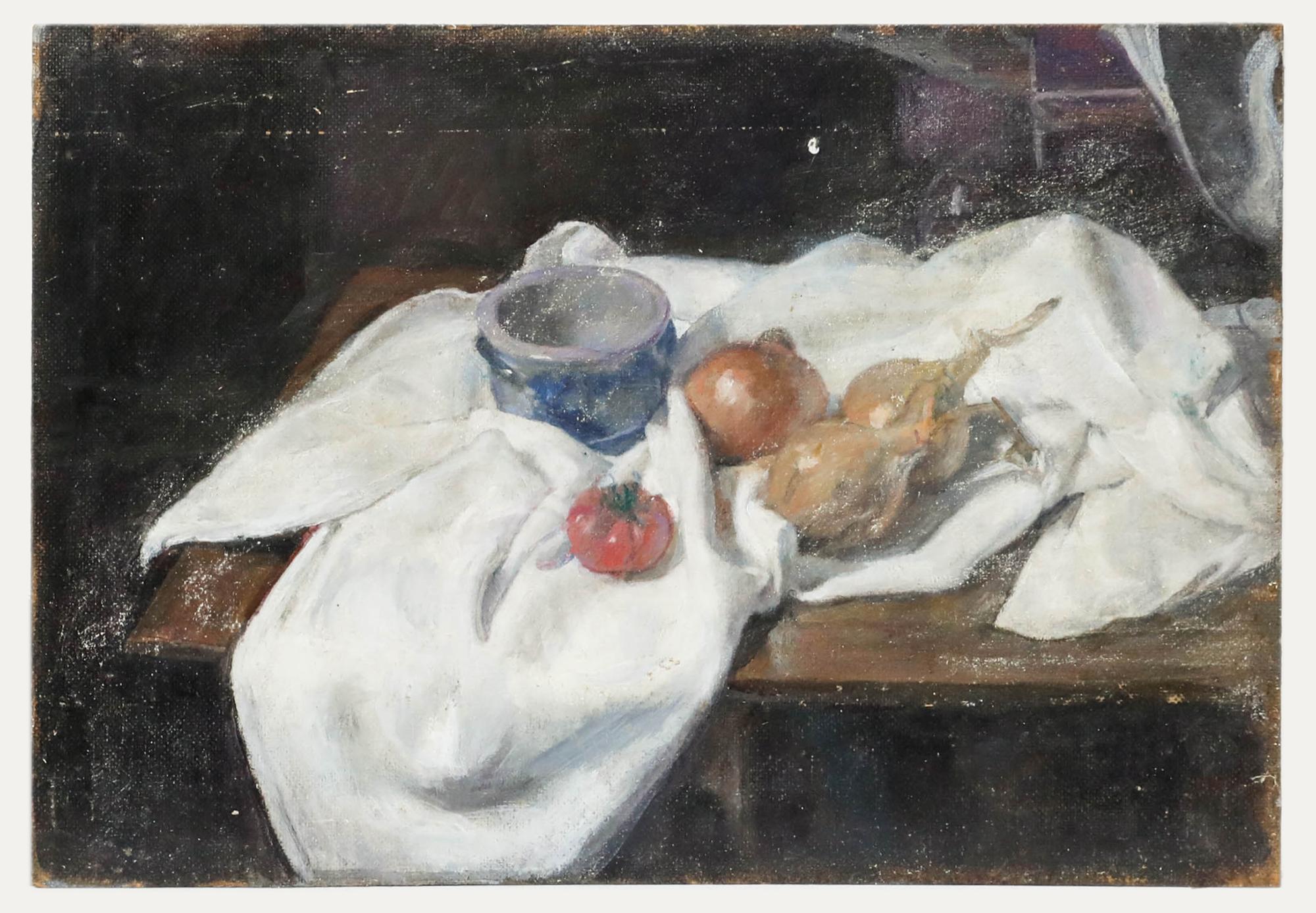George Weissbort (1928-2013) - Óleo del siglo XX, Tomate y cebollas sobre tela blanca en venta 1