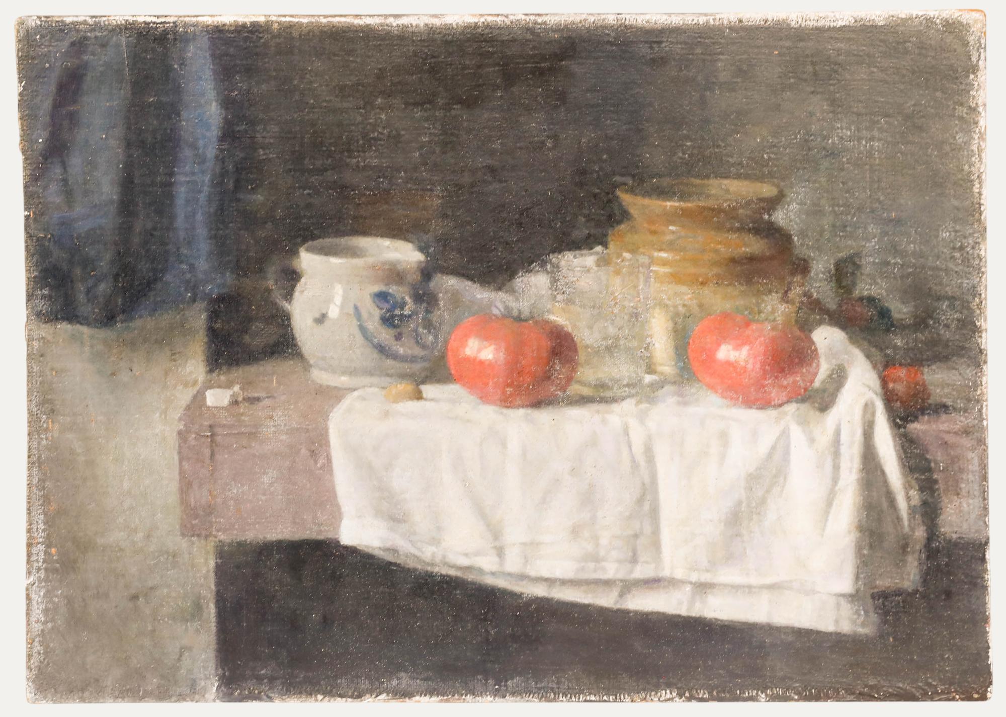 Still life, oil on canvas. Unsigned. (Provenance: Studio Sale, George Weissbort). On canvas laid to board. 