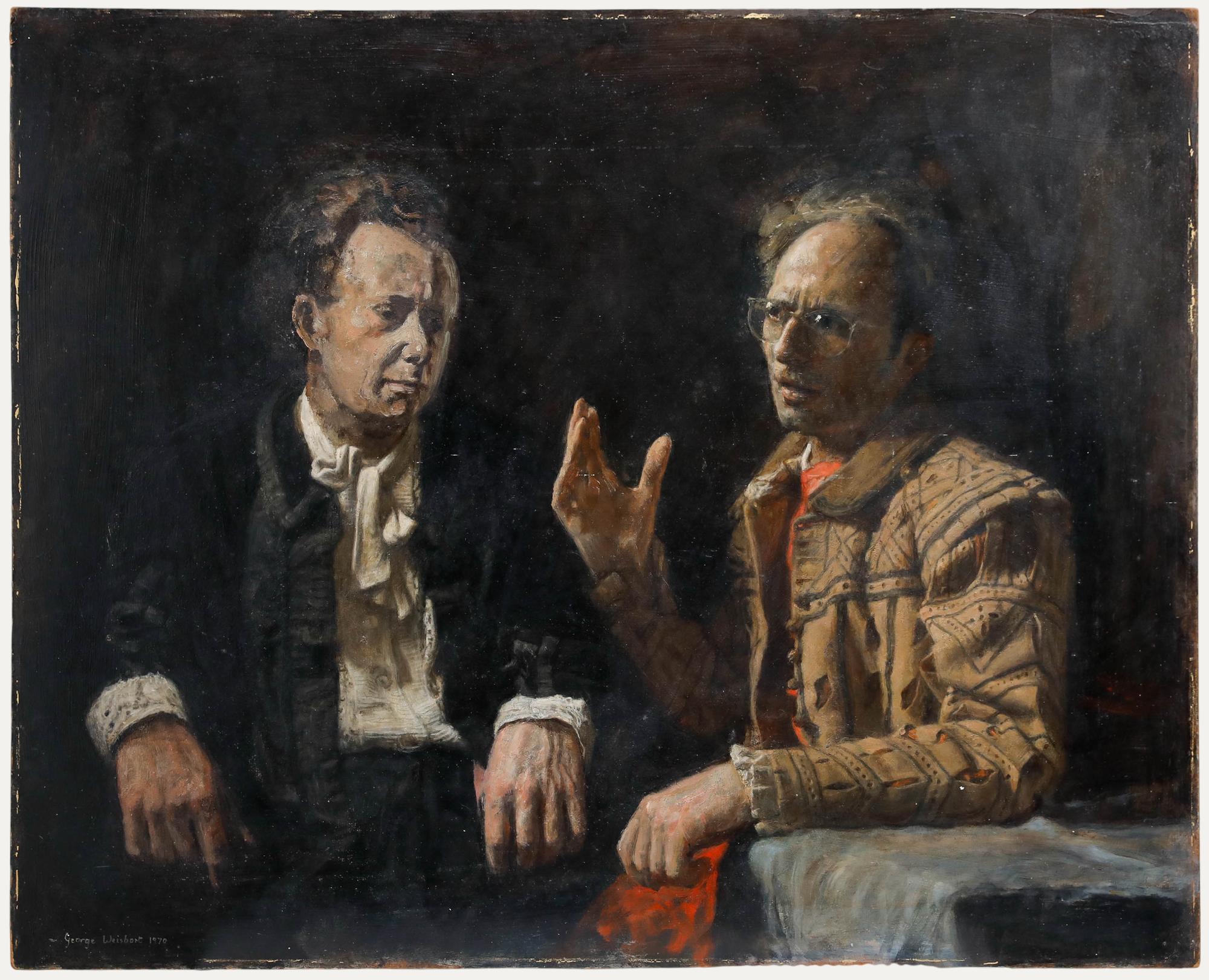 Porträt von George Weissbort mit Benjamin Britten, Öl auf Karton. Britten war ein berühmter britischer Pianist und Komponist des 20. Jahrhunderts. Weissbort lernte Britten durch seinen großen Freund Malcolm Lipkin bei einem Musikfestival in den
