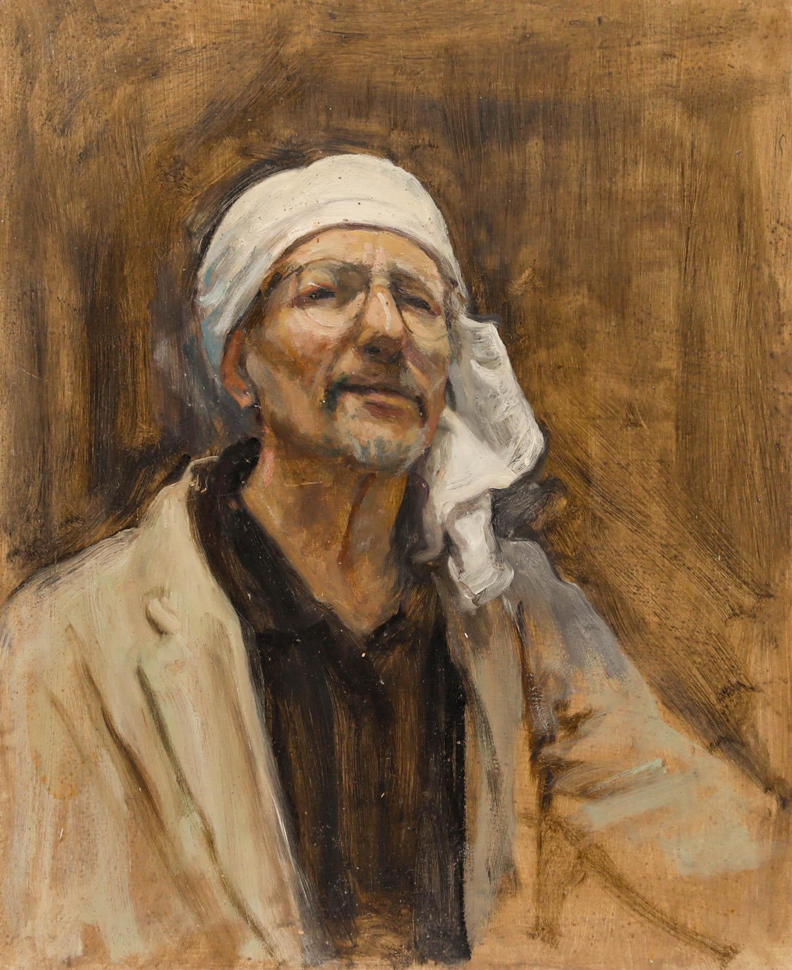 George Weissbort (1928-2013) - 20. Jahrhundert Öl, Weissbort in einem weißen Kopftuch im Angebot 1