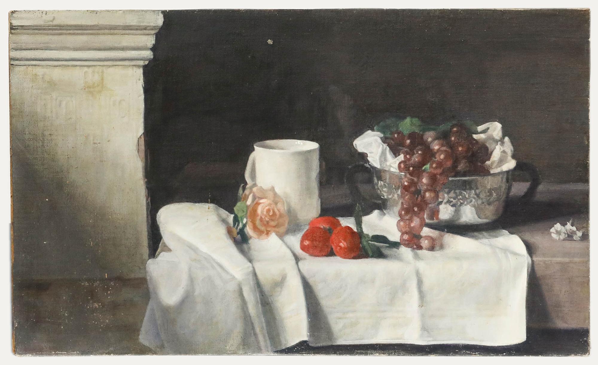 George Weissbort (1928-2013) - 20th Century Oil, White Mug, Blush Rose & Fruits For Sale 1