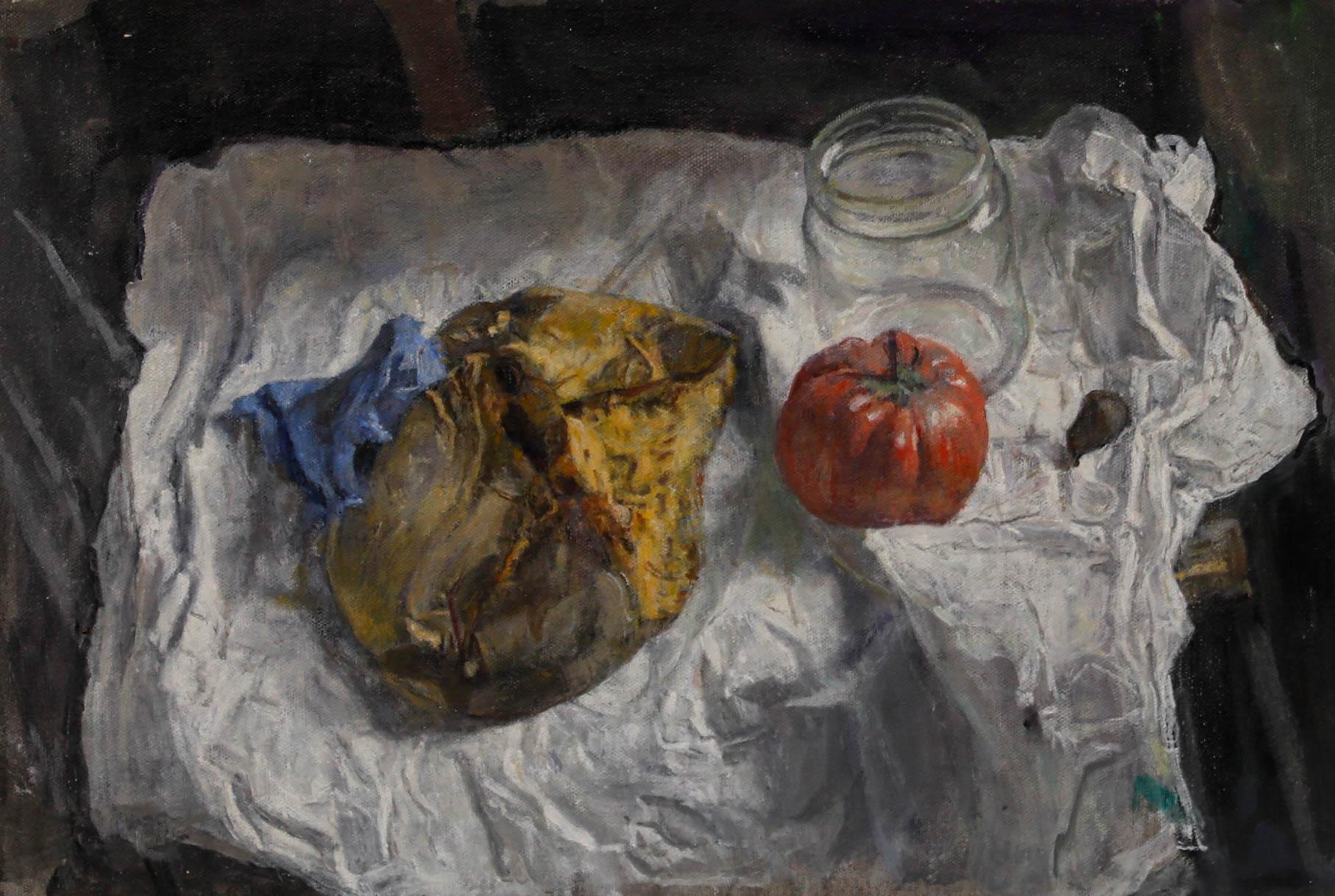 George Weissbort (1928-2013) - Olio contemporaneo, Pane e pomodoro su tela bianca 1
