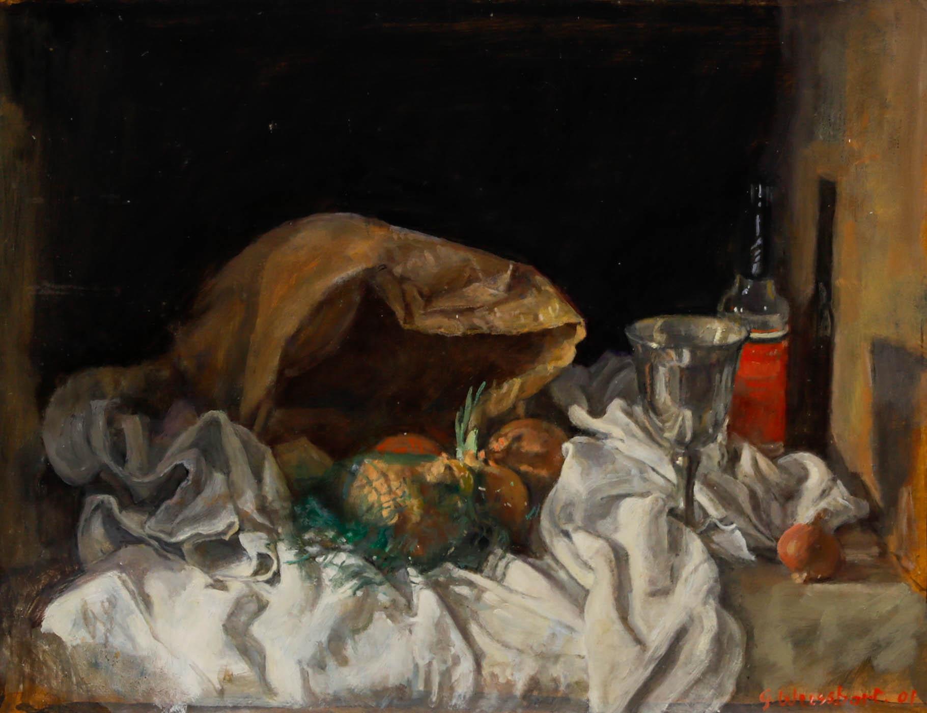 George Weissbort (1928-2013) - Zeitgenössisches Öl, Silberpokal und Zwiebeln im Angebot 1