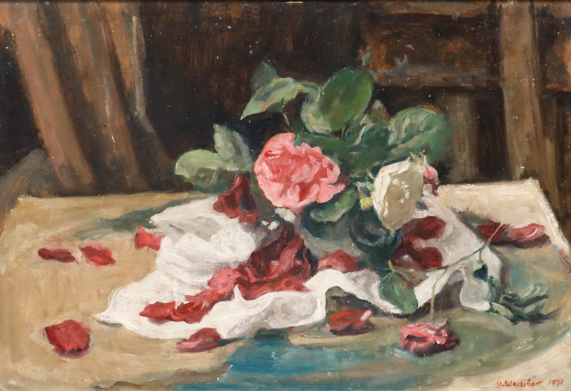 George Weissbort (1928-2013) - Gerahmtes Öl von 1976, Stilleben mit Rosen und Blütenblättern im Angebot 1