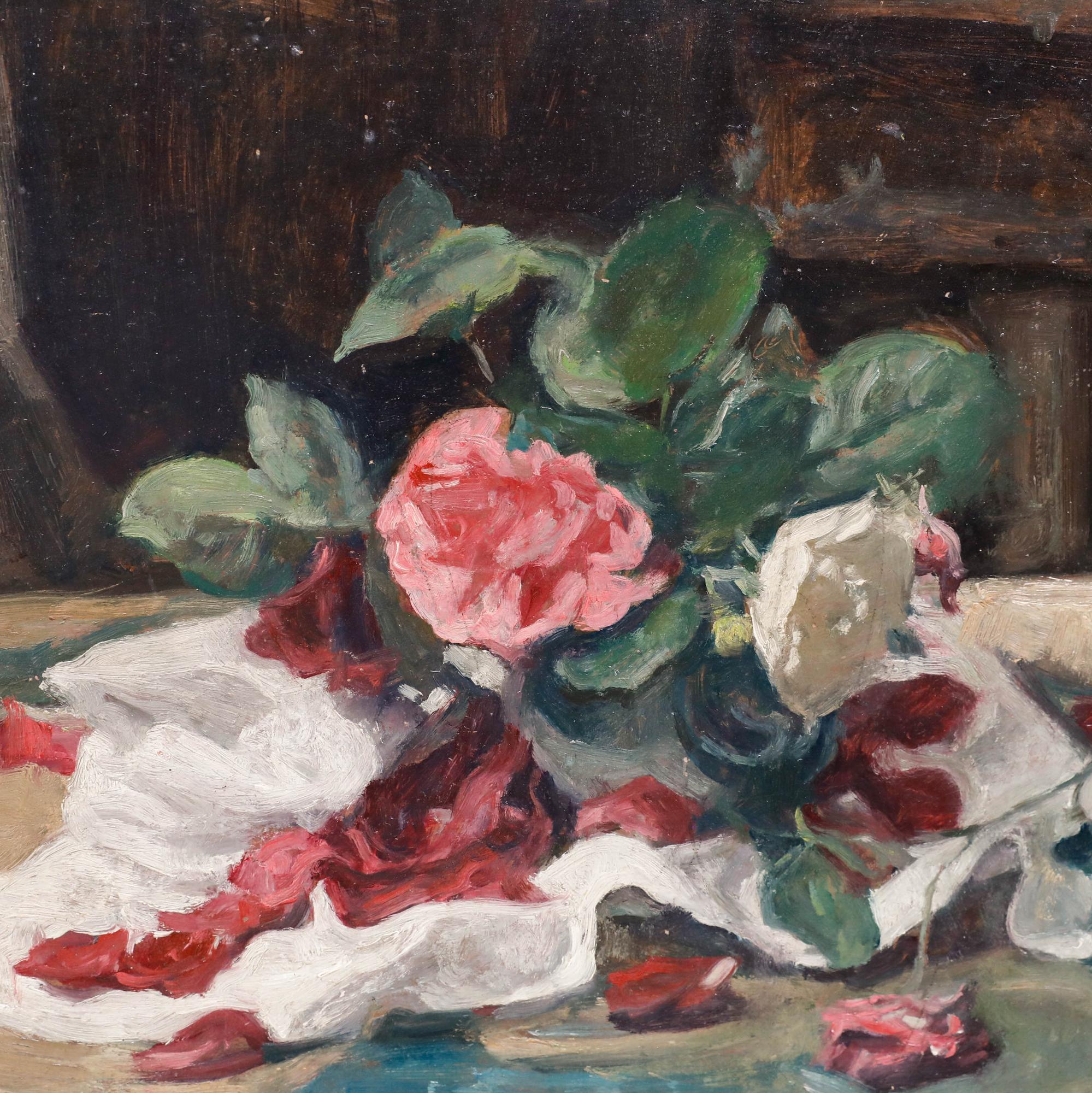 George Weissbort (1928-2013) - Gerahmtes Öl von 1976, Stilleben mit Rosen und Blütenblättern im Angebot 3
